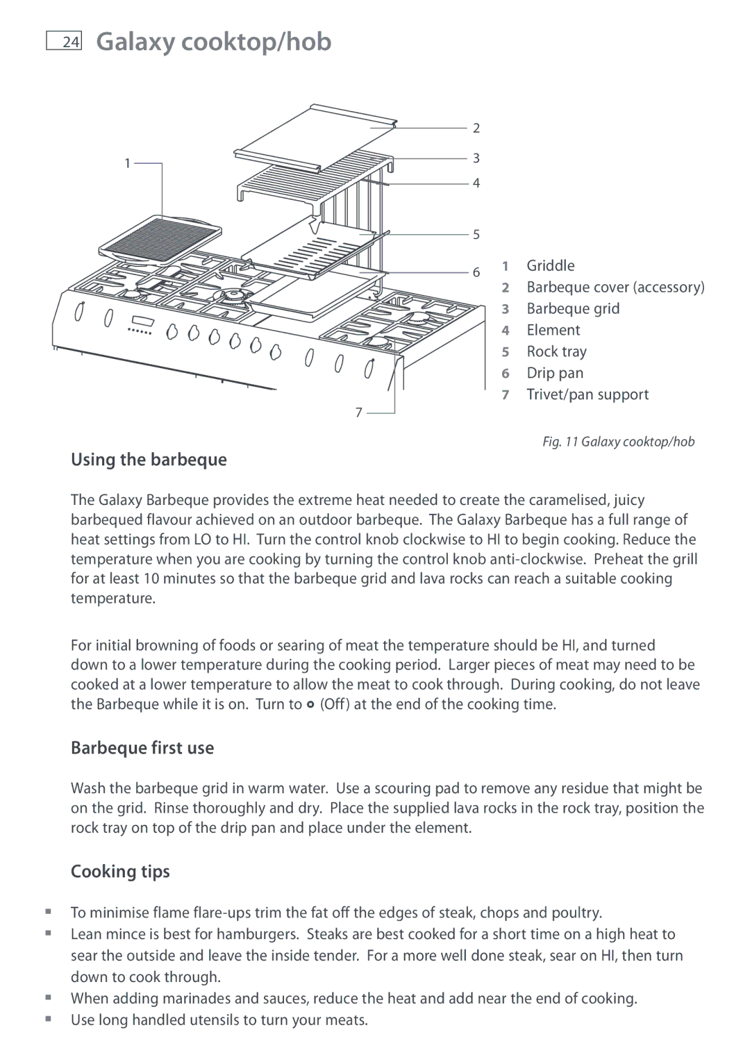 Fisher & Paykel DI1203 manual Using the barbeque, Barbeque first use, Cooking tips 