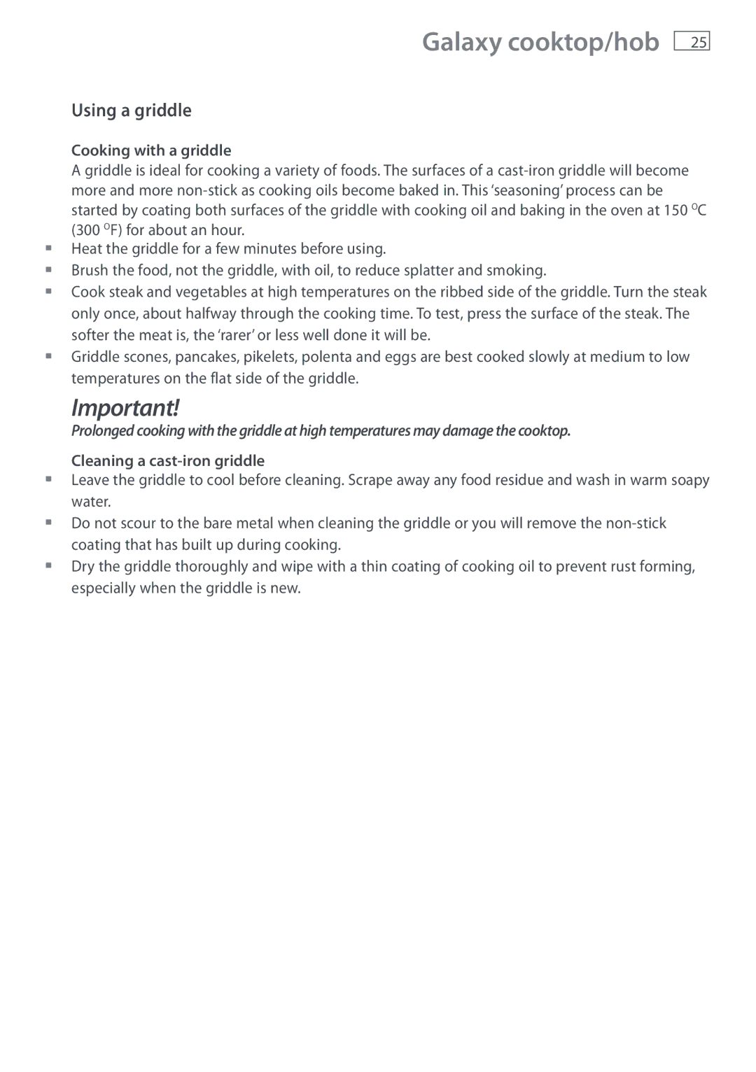 Fisher & Paykel DI1203 manual Using a griddle, Cooking with a griddle, Cleaning a cast-iron griddle 