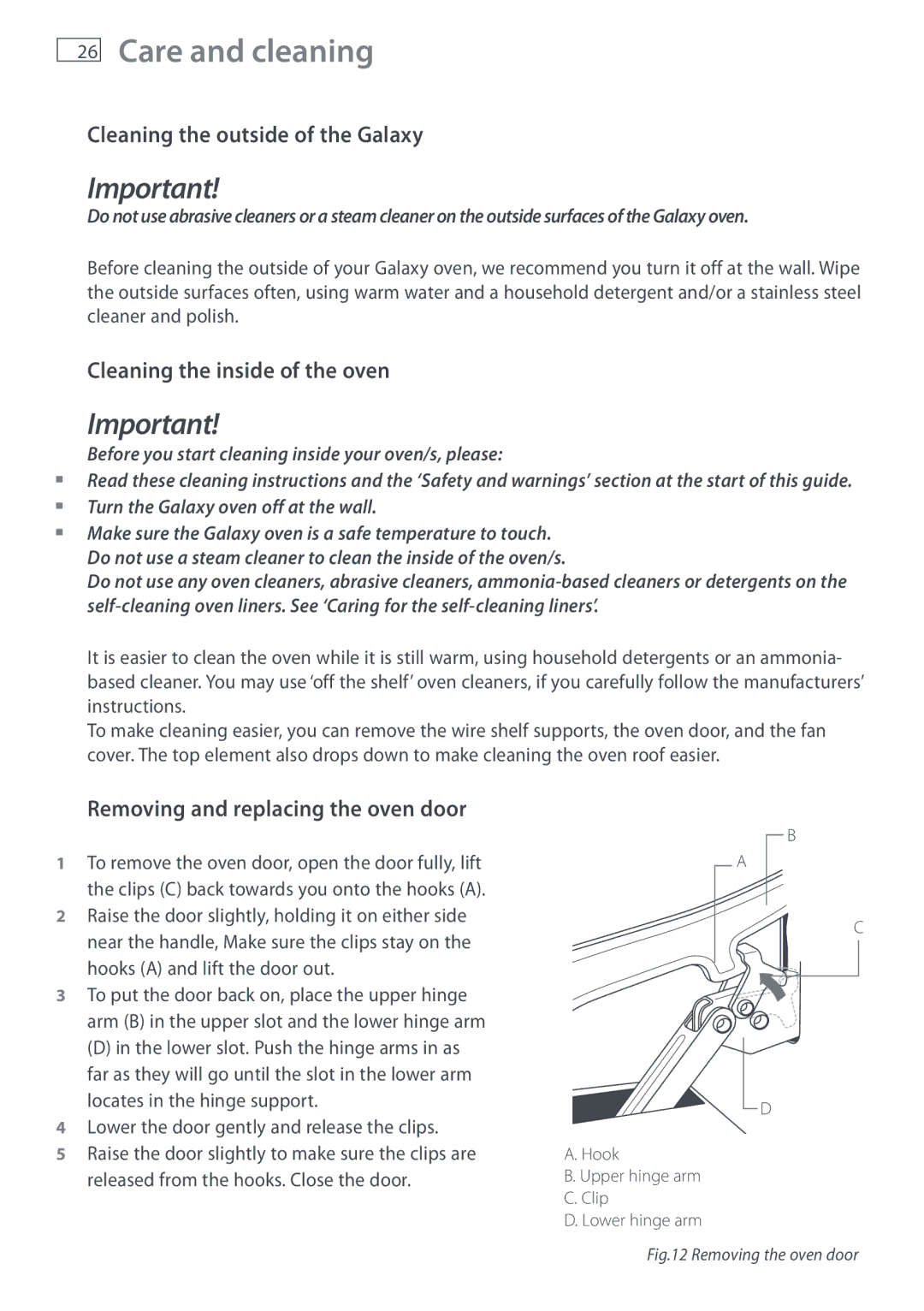 Fisher & Paykel DI1203 manual Care and cleaning, Cleaning the outside of the Galaxy, Cleaning the inside of the oven 