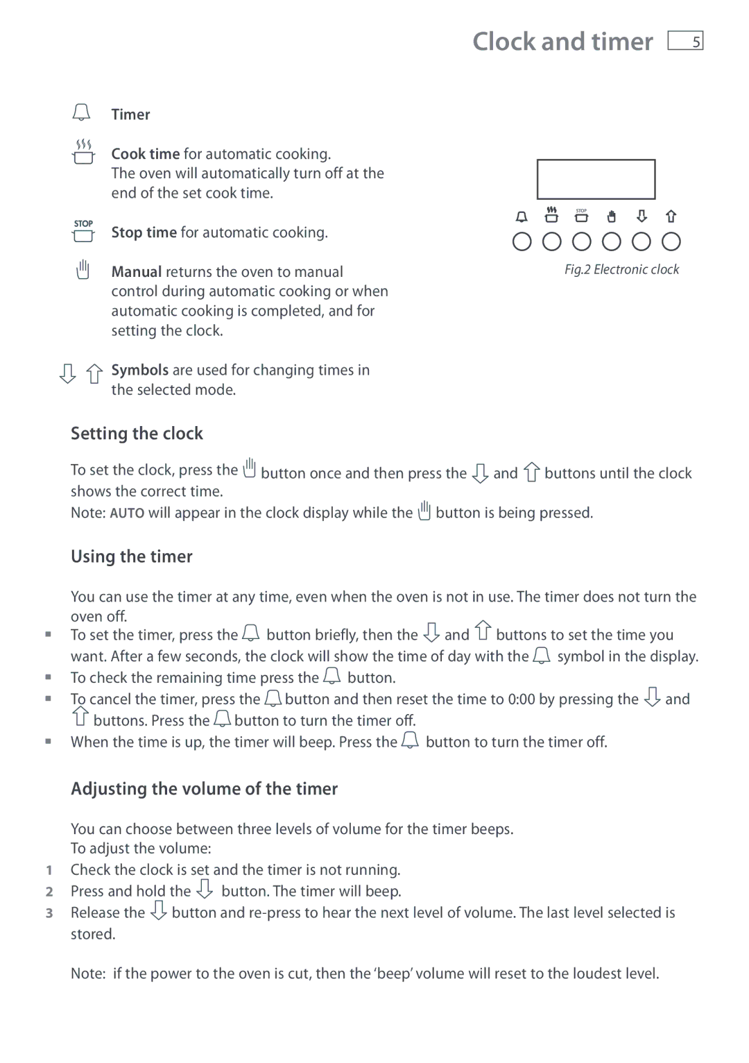 Fisher & Paykel DI1203 manual Clock and timer, Setting the clock, Using the timer, Adjusting the volume of the timer, Timer 