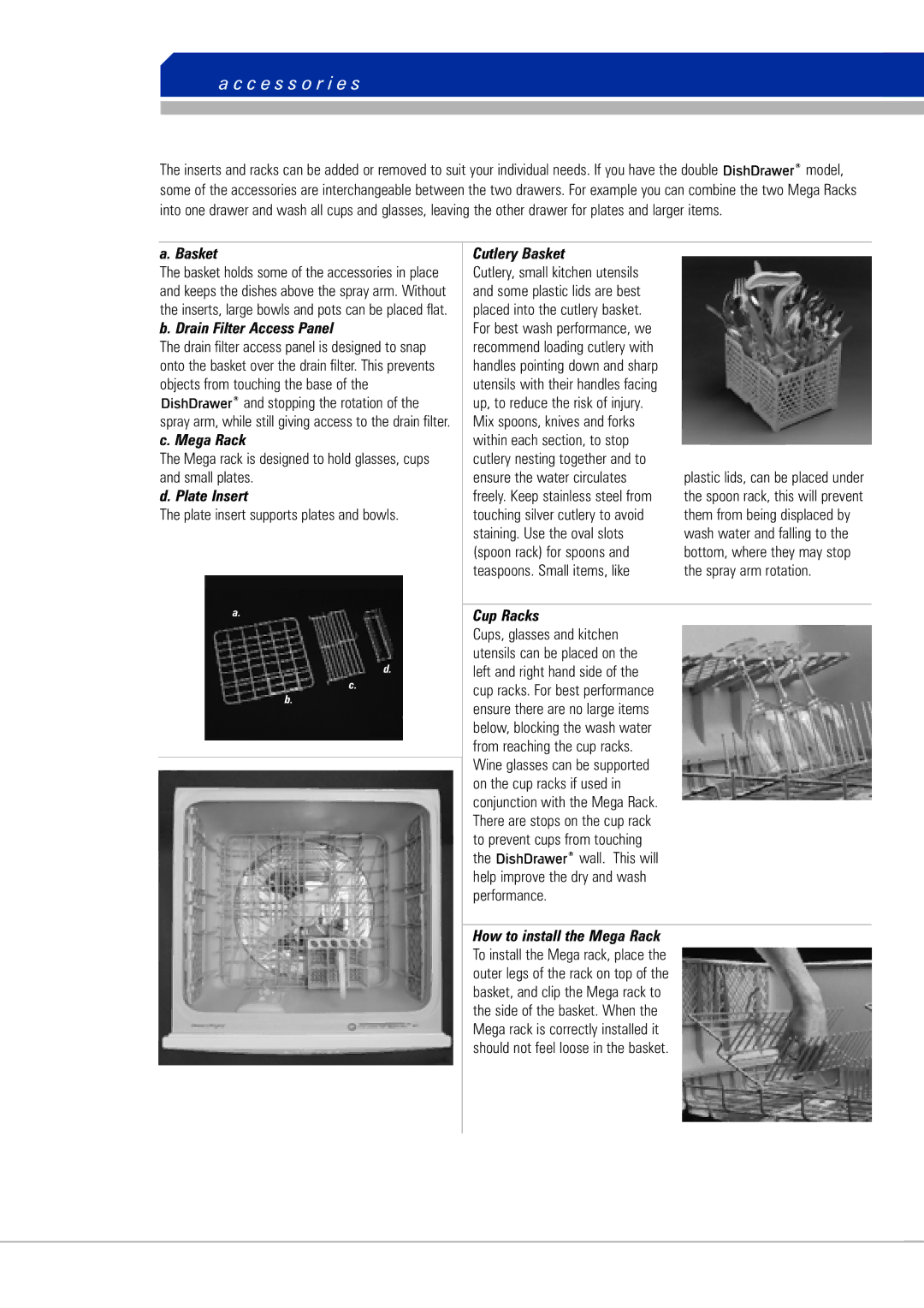 Fisher & Paykel DishDrawer manual C e s s o r i e s, Plate Insert, Cutlery Basket, Cup Racks 