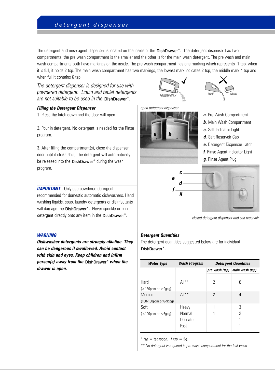 Fisher & Paykel DishDrawer manual T e r g e n t d i s p e n s e r, Filling the Detergent Dispenser, Detergent Quantities 