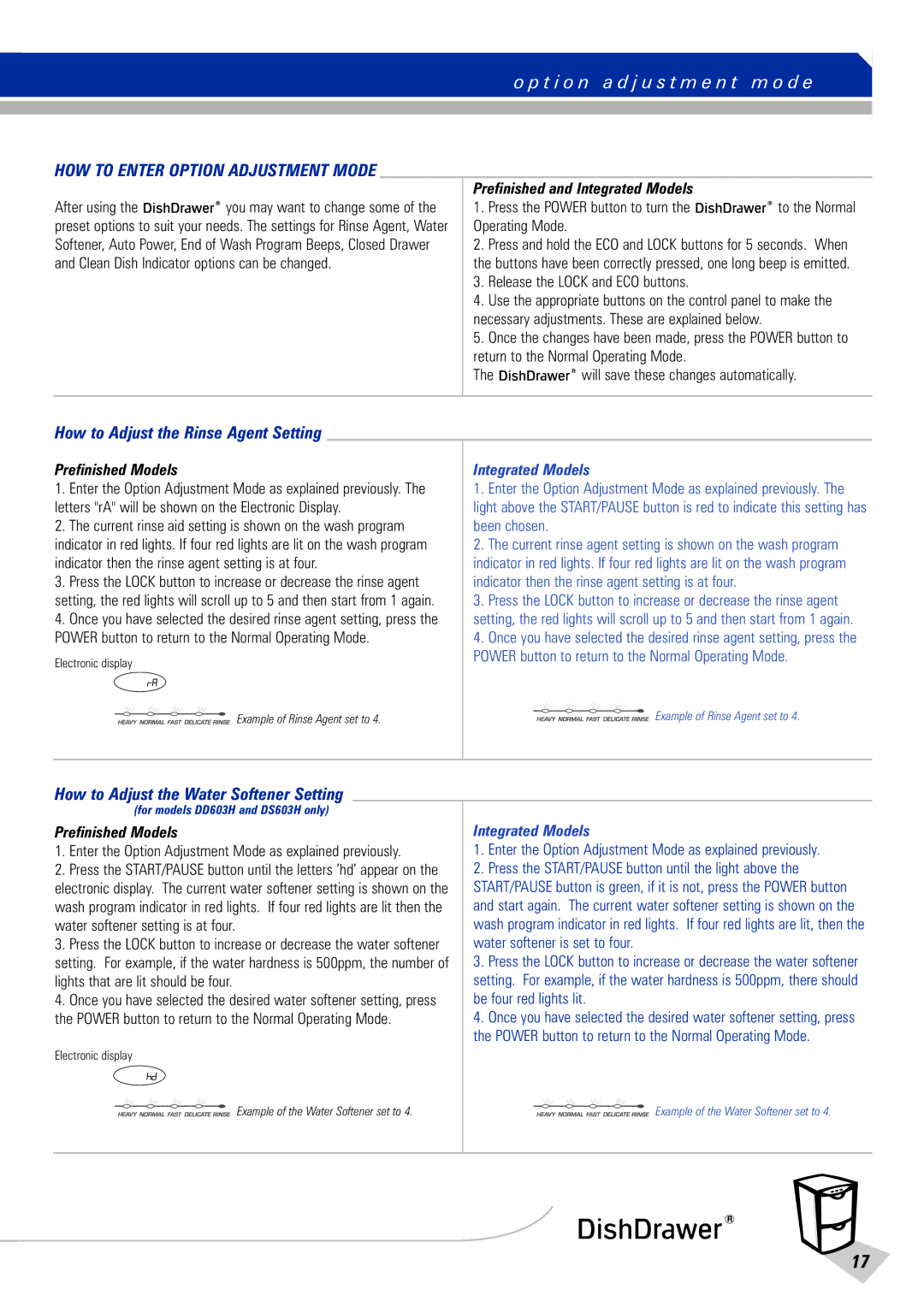 Fisher & Paykel DishDrawer T i o n a d j u s t m e n t m o d e, Prefinished and Integrated Models, Prefinished Models 