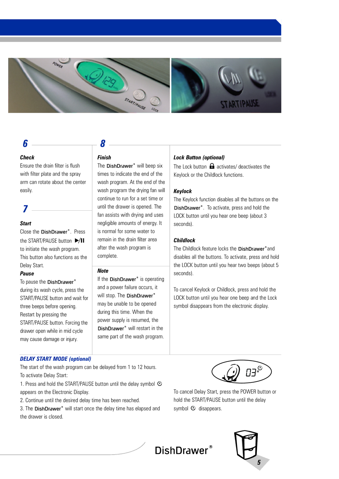 Fisher & Paykel DishDrawer manual Check, Start, Pause, Finish, Lock Button optional, Keylock, Childlock 