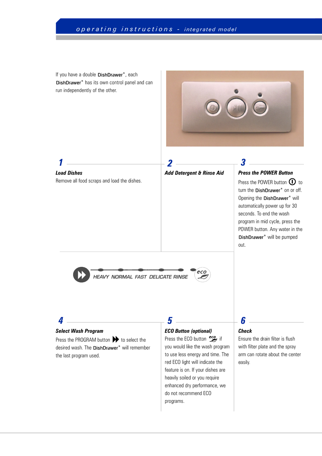 Fisher & Paykel DishDrawer manual E r a t i n g i n s t r u c t i o n s integrated model, To select, Desired wash 