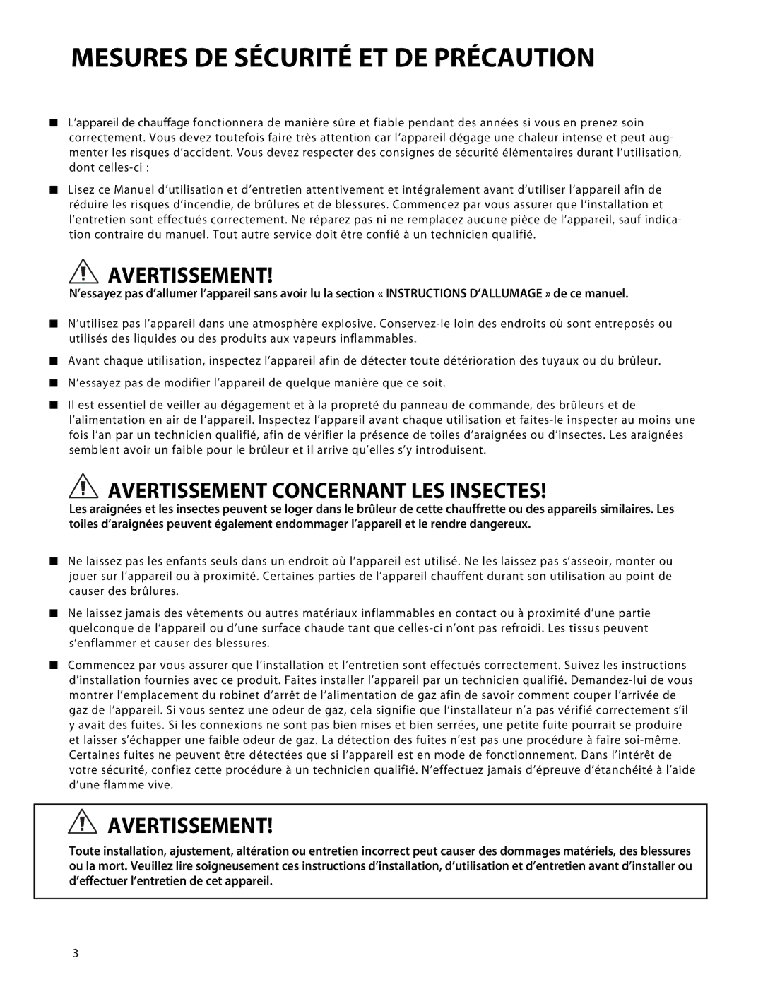 Fisher & Paykel DRH-48N manual Mesures DE Sécurité ET DE Précaution, Avertissement Concernant LES Insectes 