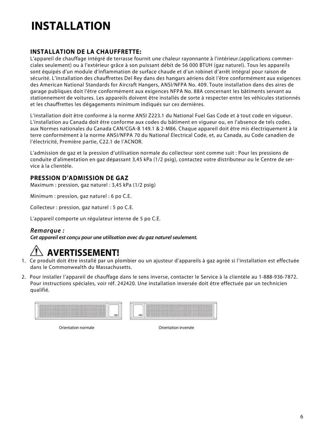 Fisher & Paykel DRH-48N manual Installation DE LA Chauffrette, Pression D’ADMISSION DE GAZ 