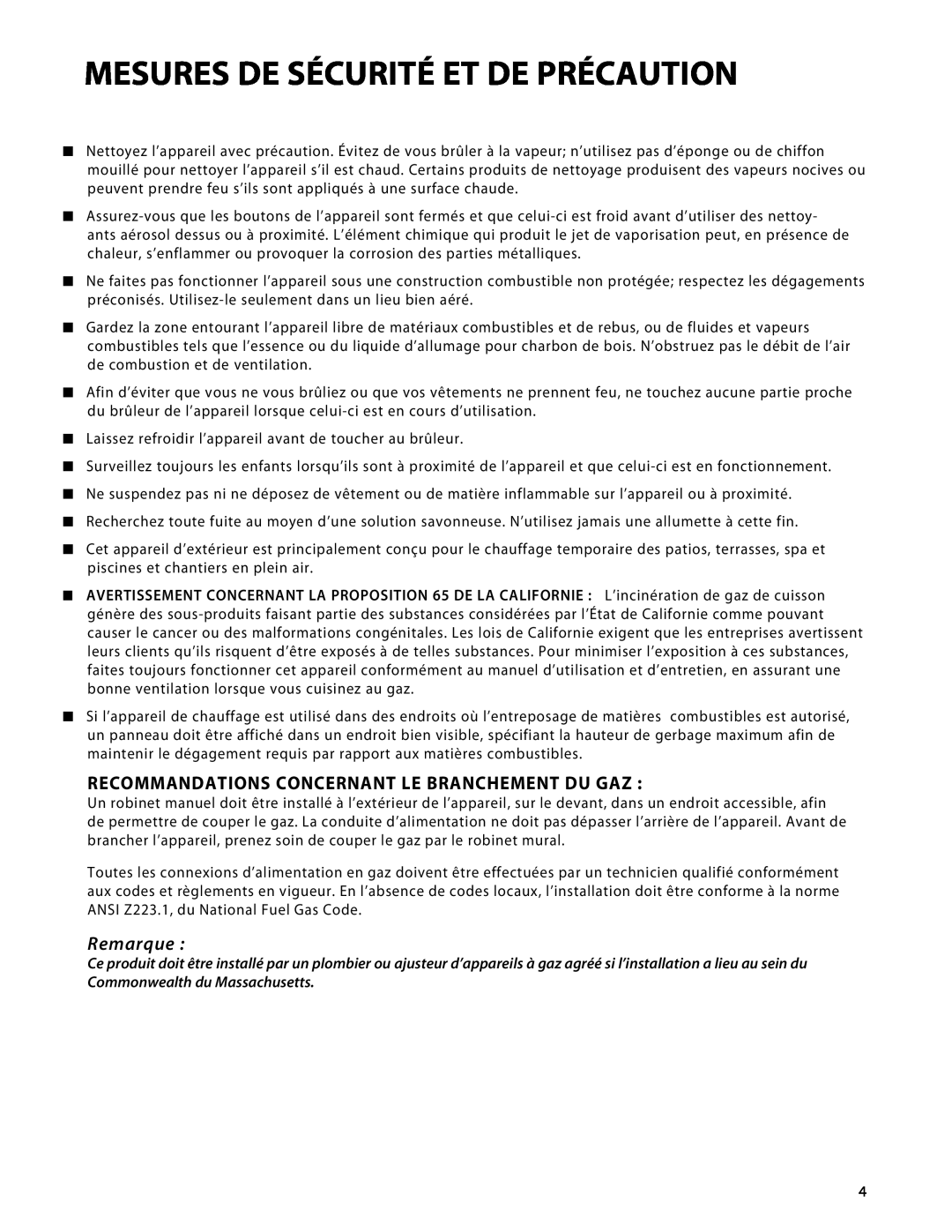 Fisher & Paykel DRH-48N Recommandations Concernant Le Branchement Du Gaz, Remarque, Mesures De Sécurité Et De Précaution 