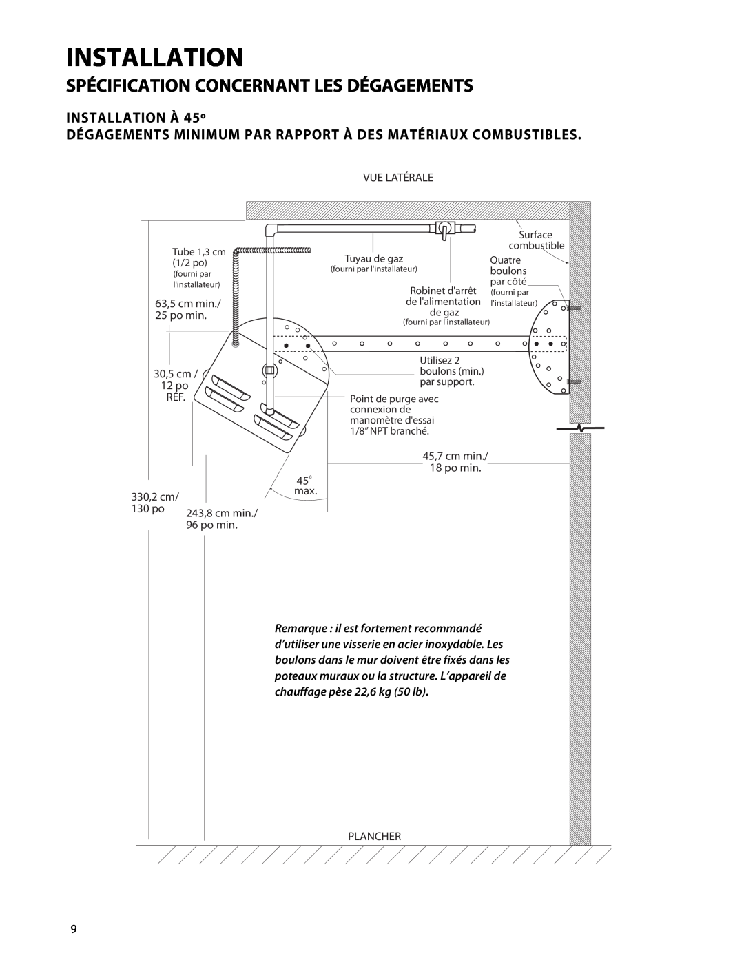 Fisher & Paykel DRH-48N manual INSTALLATION À 45º, Installation, Spécification Concernant Les Dégagements 