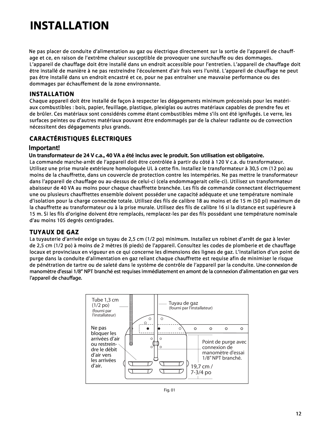 Fisher & Paykel DRH-48N manual Installation, Caractéristiques Électriques, Tuyaux De Gaz, 19,7 cm, 7-3/4po 