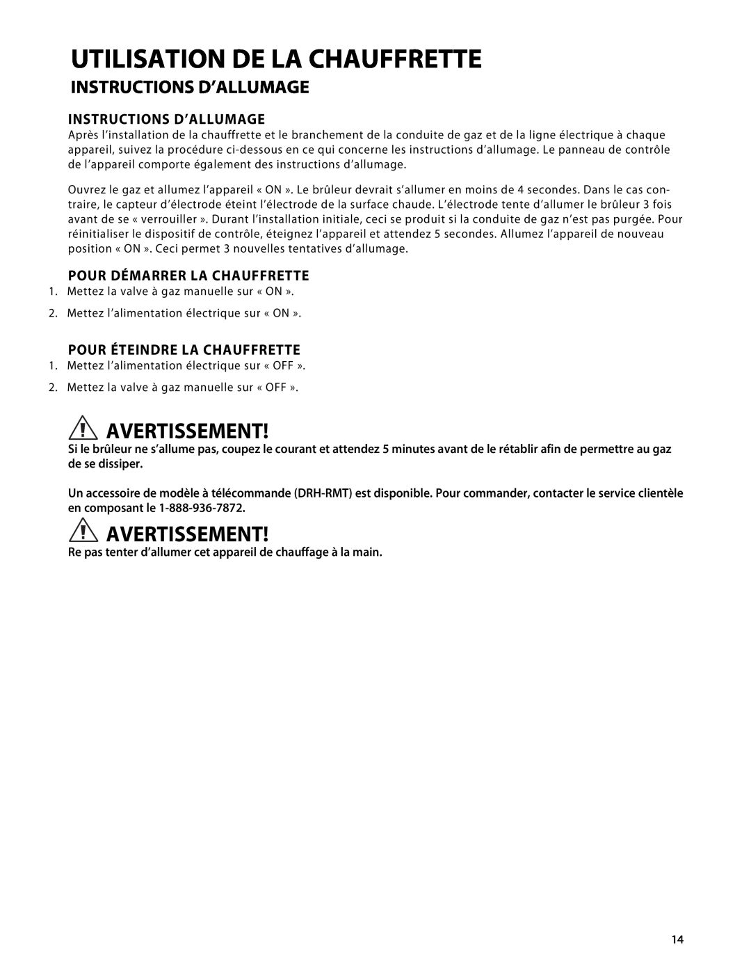Fisher & Paykel DRH-48N manual Utilisation De La Chauffrette, Instructions D’Allumage, Pour Démarrer La Chauffrette 