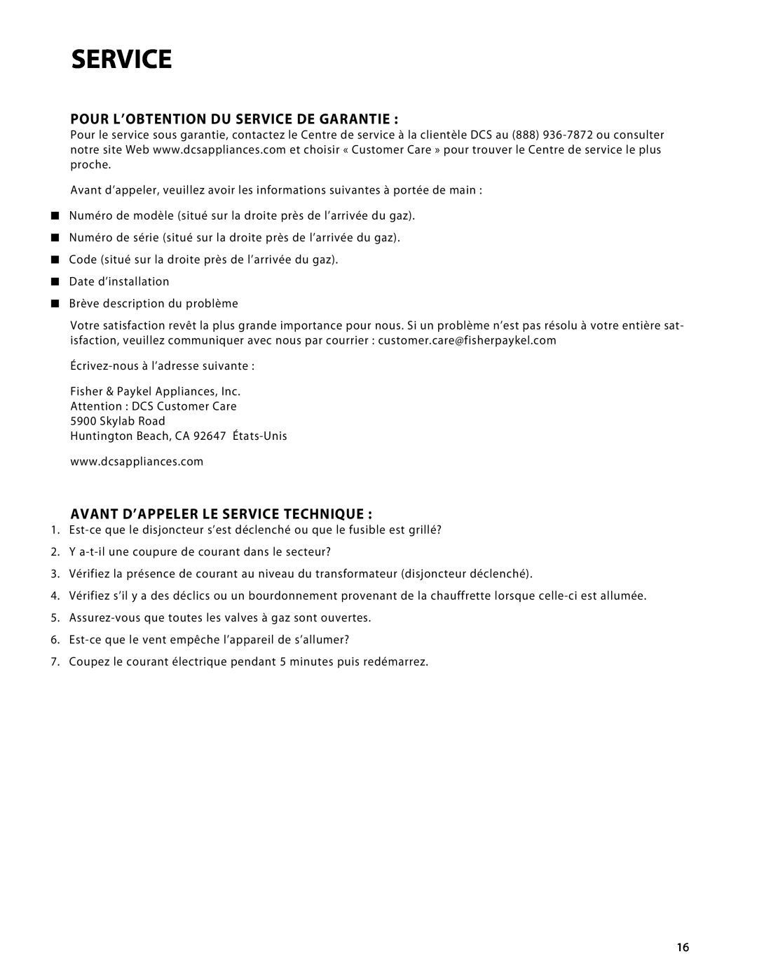 Fisher & Paykel DRH-48N manual Pour L’Obtention Du Service De Garantie, Avant D’Appeler Le Service Technique 