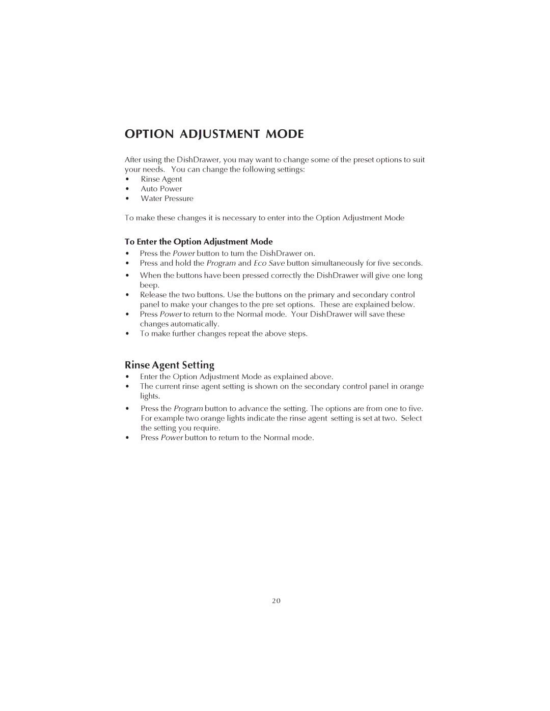 Fisher & Paykel DS602 manual Rinse Agent Setting, To Enter the Option Adjustment Mode 