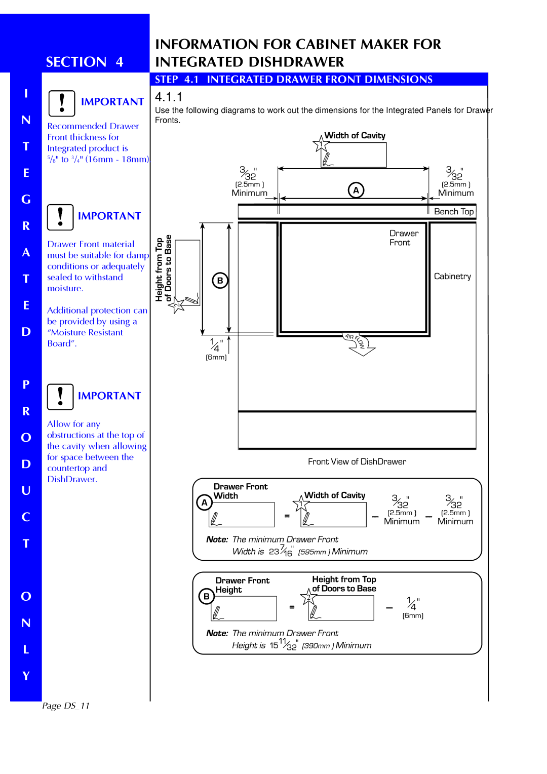 Fisher & Paykel DS602I manual Integrated Drawer Front Dimensions, DS11 