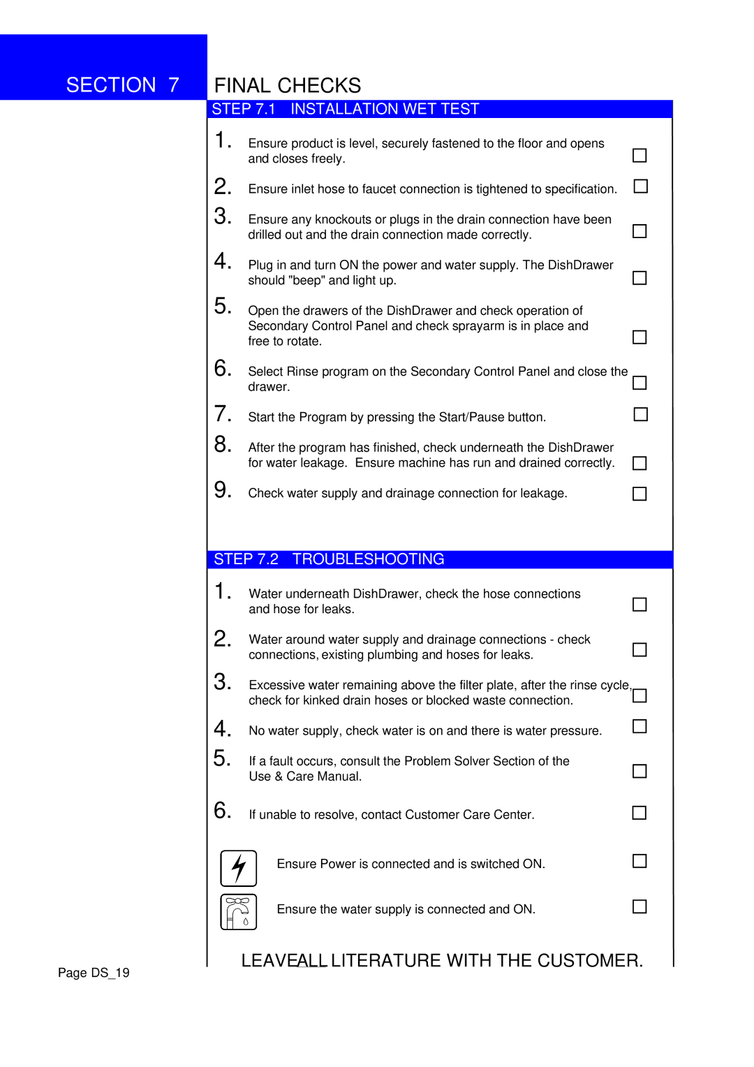 Fisher & Paykel DS602I manual Final Checks, Installation WET Test, Troubleshooting, DS19 