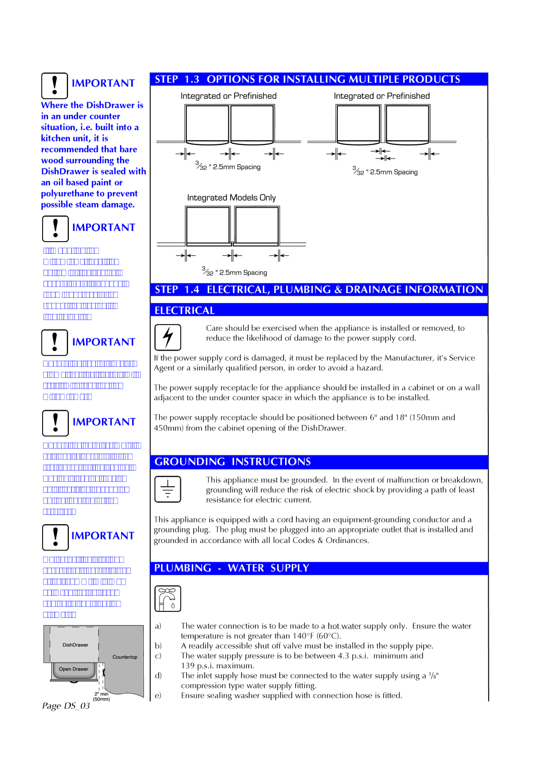 Fisher & Paykel DS602I manual Grounding Instructions, Plumbing Water Supply, DS03 