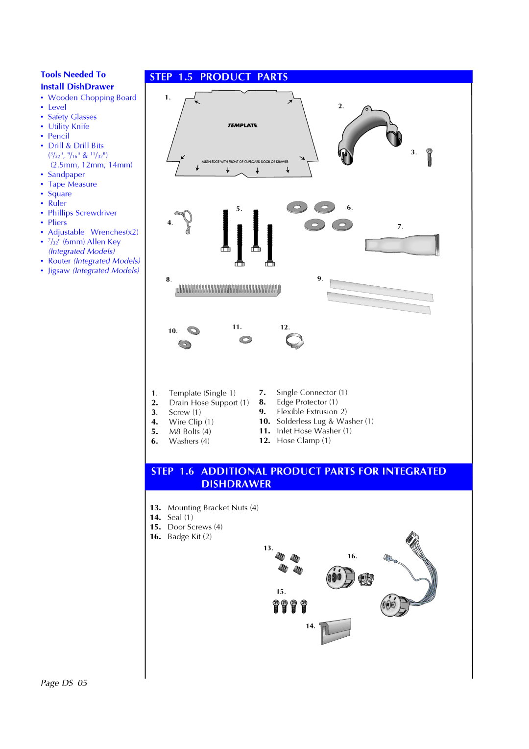 Fisher & Paykel DS602I manual Additional Product Parts for Integrated Dishdrawer, DS05 