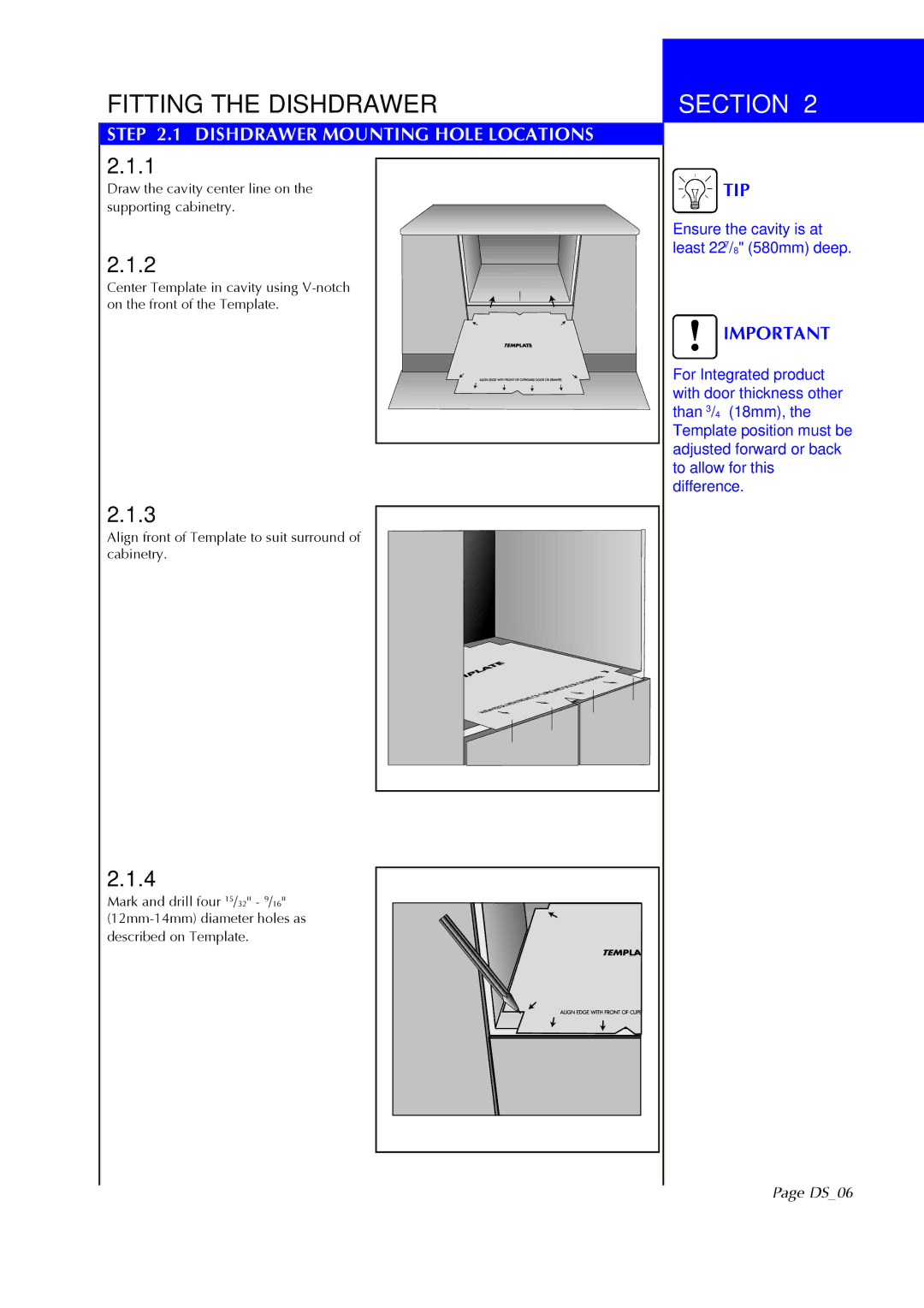 Fisher & Paykel DS602I manual Fitting the Dishdrawer, Dishdrawer Mounting Hole Locations, DS06 