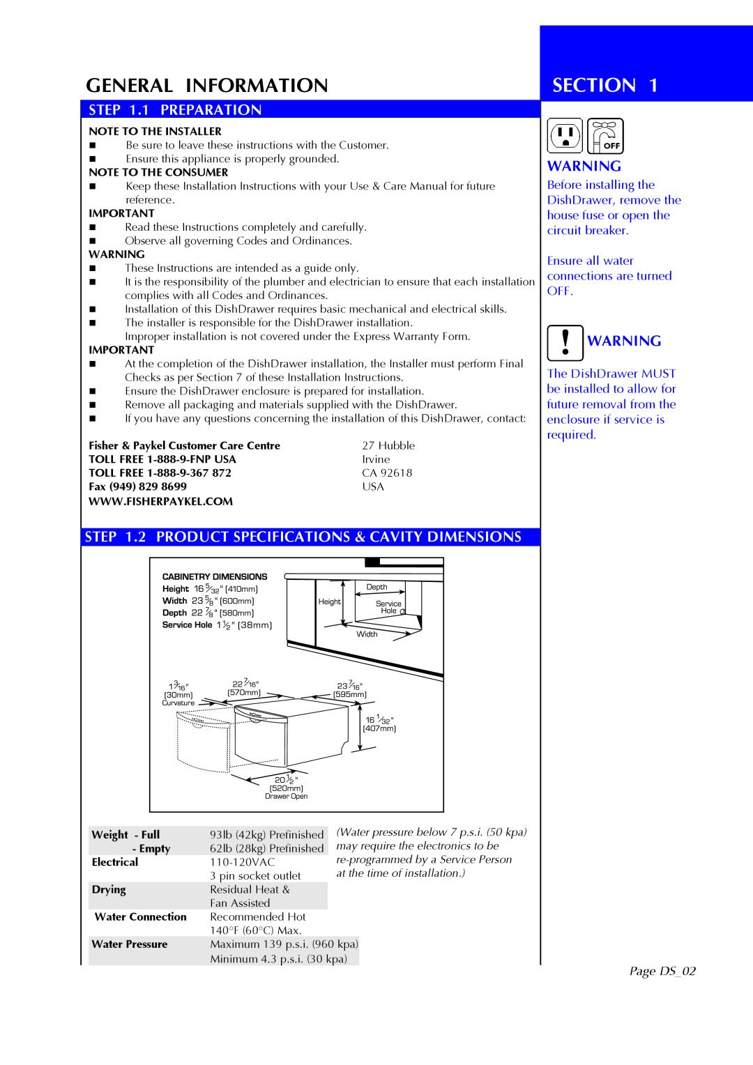 Fisher & Paykel DS602I manual General Information, Section, 1 PREPARATION, 2 PRODUCT SPECIFICATIONS & CAVITY DIMENSIONS 