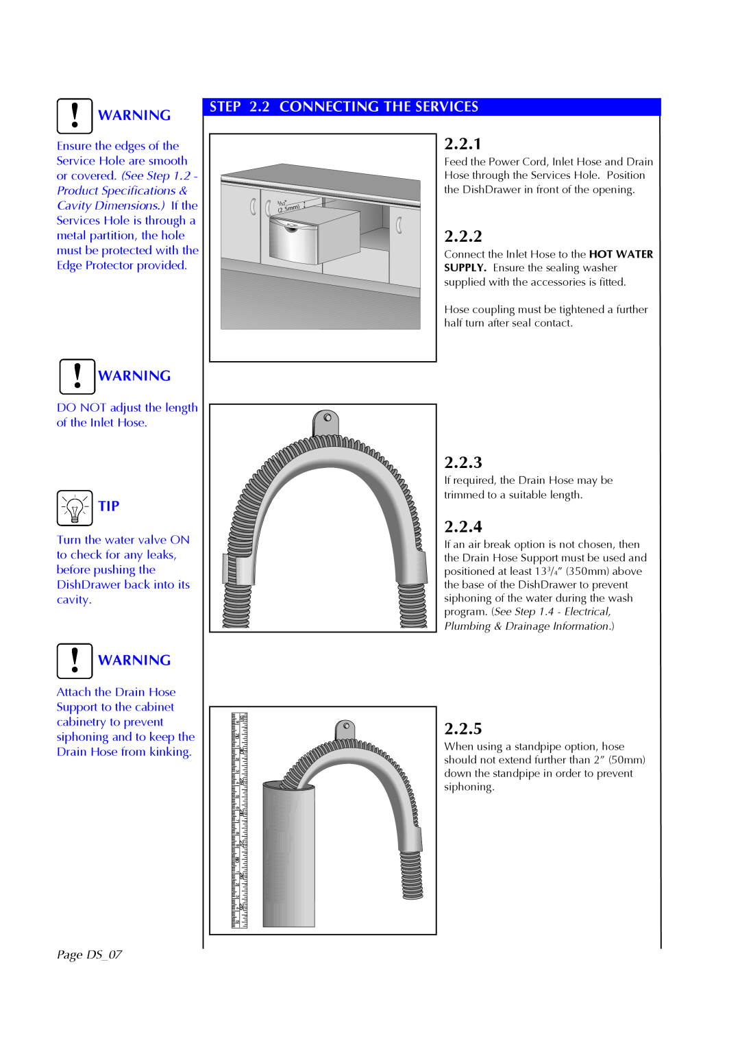 Fisher & Paykel DS602I manual 2.2.1, 2.2.2, 2.2.3, 2.2.4, 2.2.5, 2 CONNECTING THE SERVICES, Page DS07 