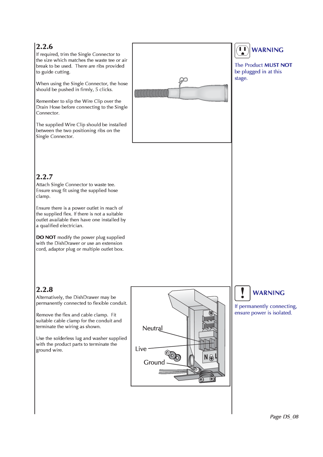 Fisher & Paykel DS602I manual 2.2.6, 2.2.7, 2.2.8, The Product MUST NOT be plugged in at this stage, Page DS08 