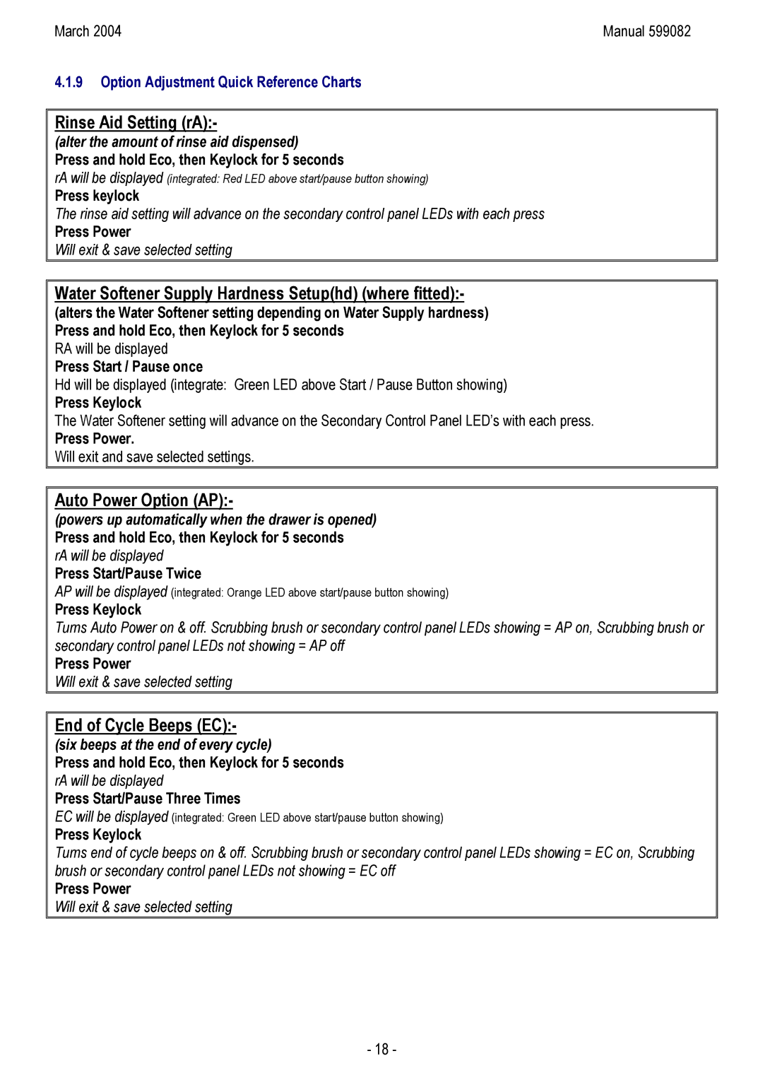 Fisher & Paykel DS603H, DD603HM, DD603M, DD603IH, DS603M, DS603IH, DS603 I manual Option Adjustment Quick Reference Charts 