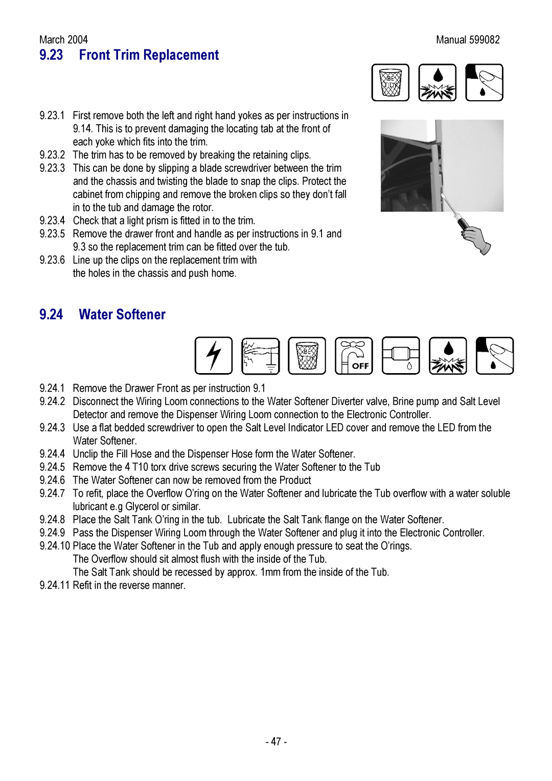 Fisher & Paykel DS603IH, DD603HM, DD603M, DD603IH, DS603M, DS603H, DS603 I manual Front Trim Replacement, Water Softener 