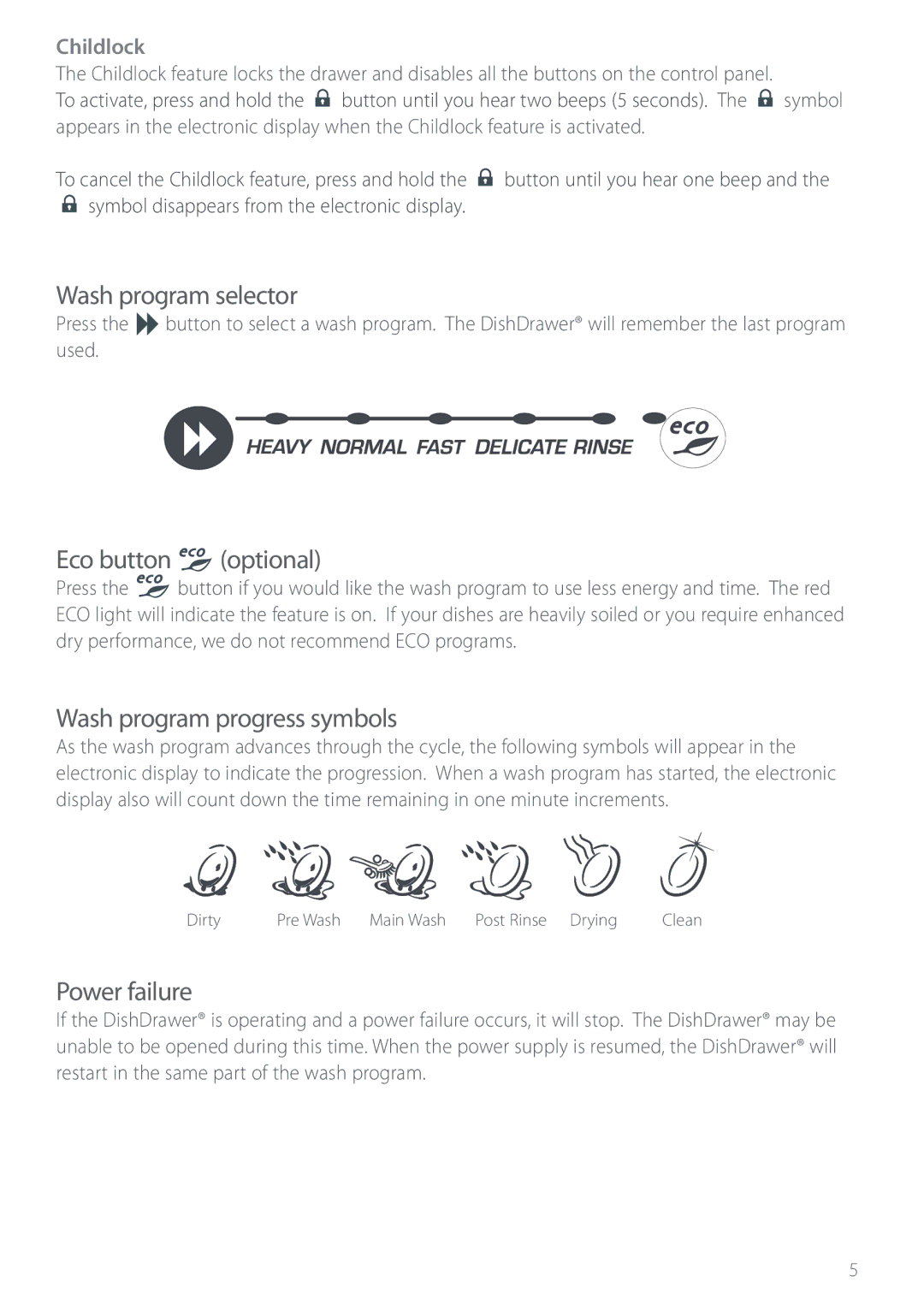 Fisher & Paykel DS603 manual Wash program progress symbols 