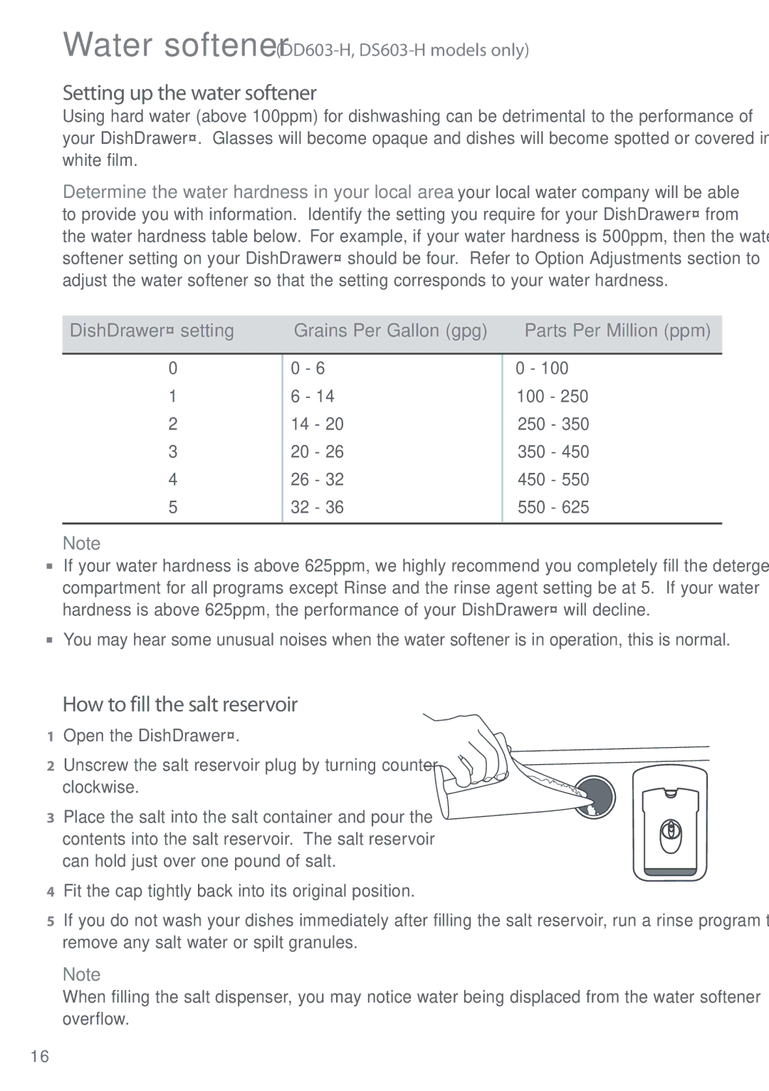 Fisher & Paykel DS603 manual Setting up the water softener, How to fill the salt reservoir, 100 250 350 450 550 