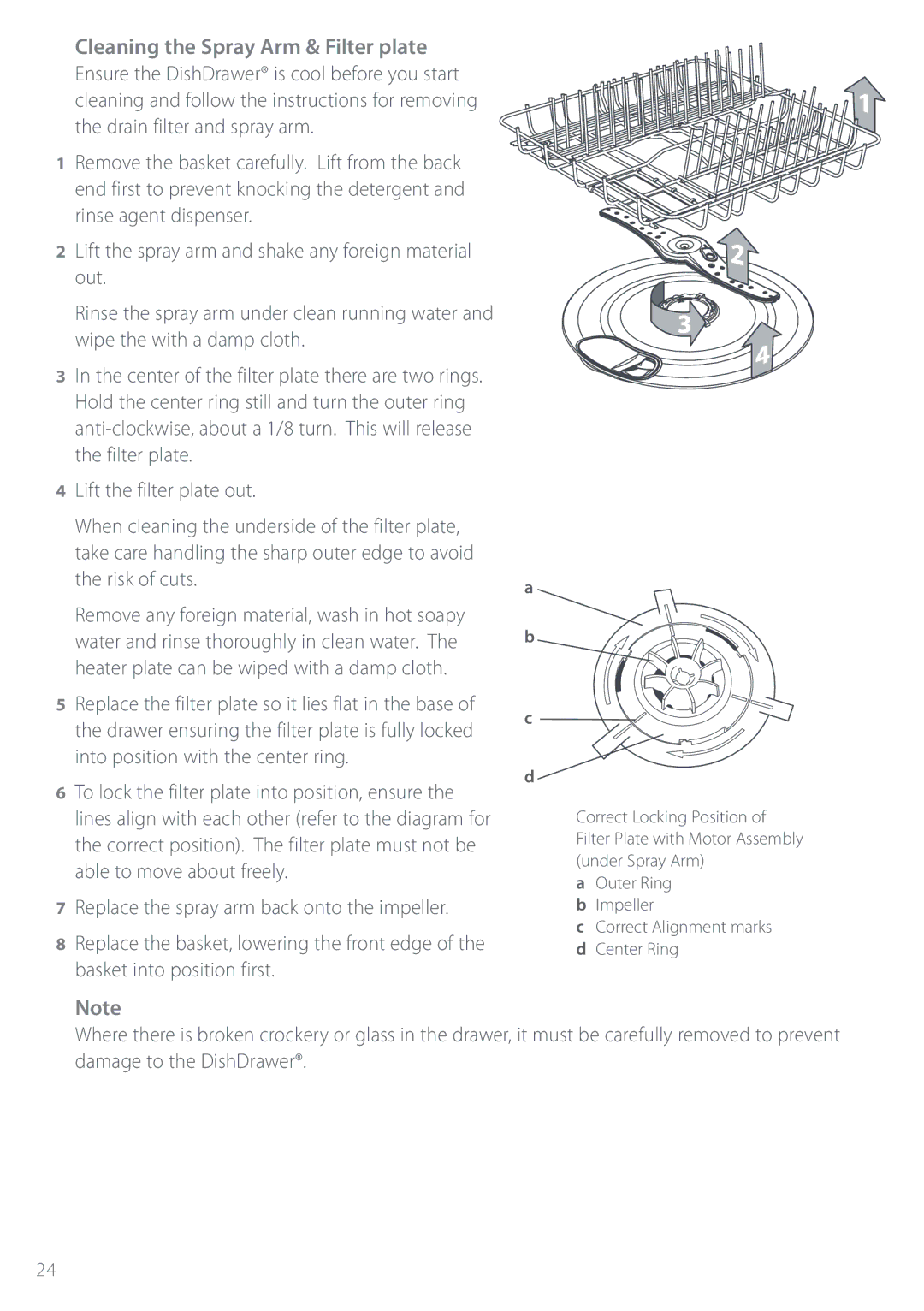 Fisher & Paykel DS603 manual Cleaning the Spray Arm & Filter plate 