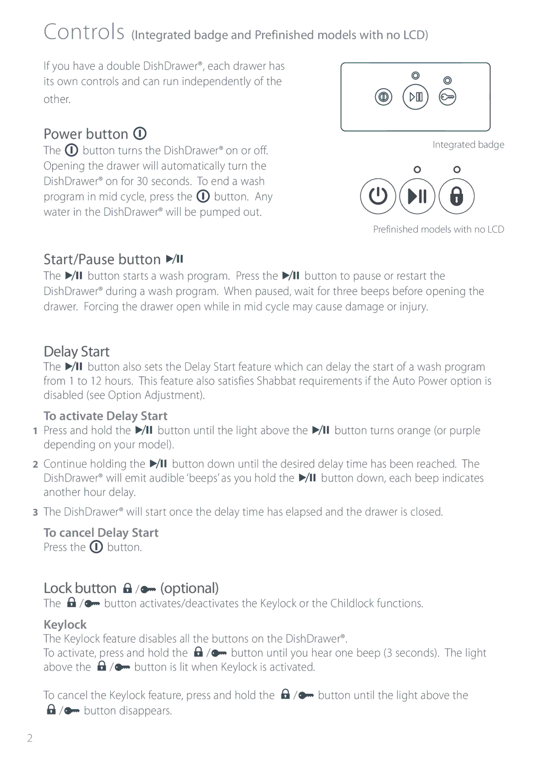 Fisher & Paykel DS603 manual Power button, Start/Pause button, Delay Start, Lock button / optional 