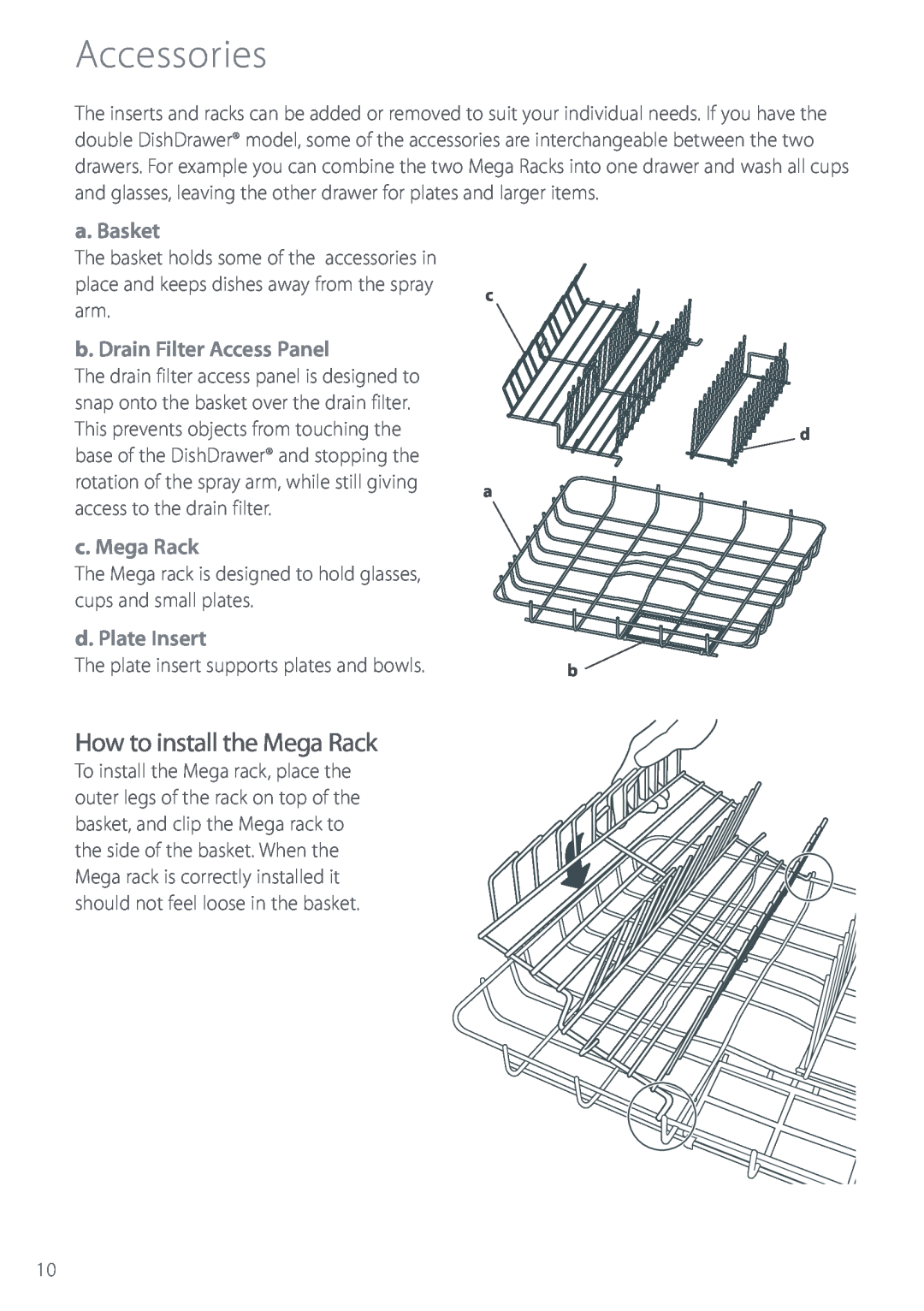 Fisher & Paykel DS603 manual Accessories, How to install the Mega Rack, c d a b 