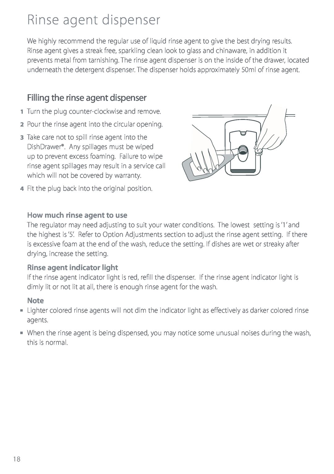 Fisher & Paykel DS603 manual Rinse agent dispenser, Filling the rinse agent dispenser 