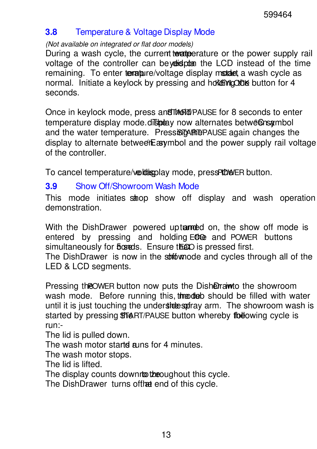 Fisher & Paykel DD605, DS605 manual Temperature & Voltage Display Mode, Show Off/Showroom Wash Mode 