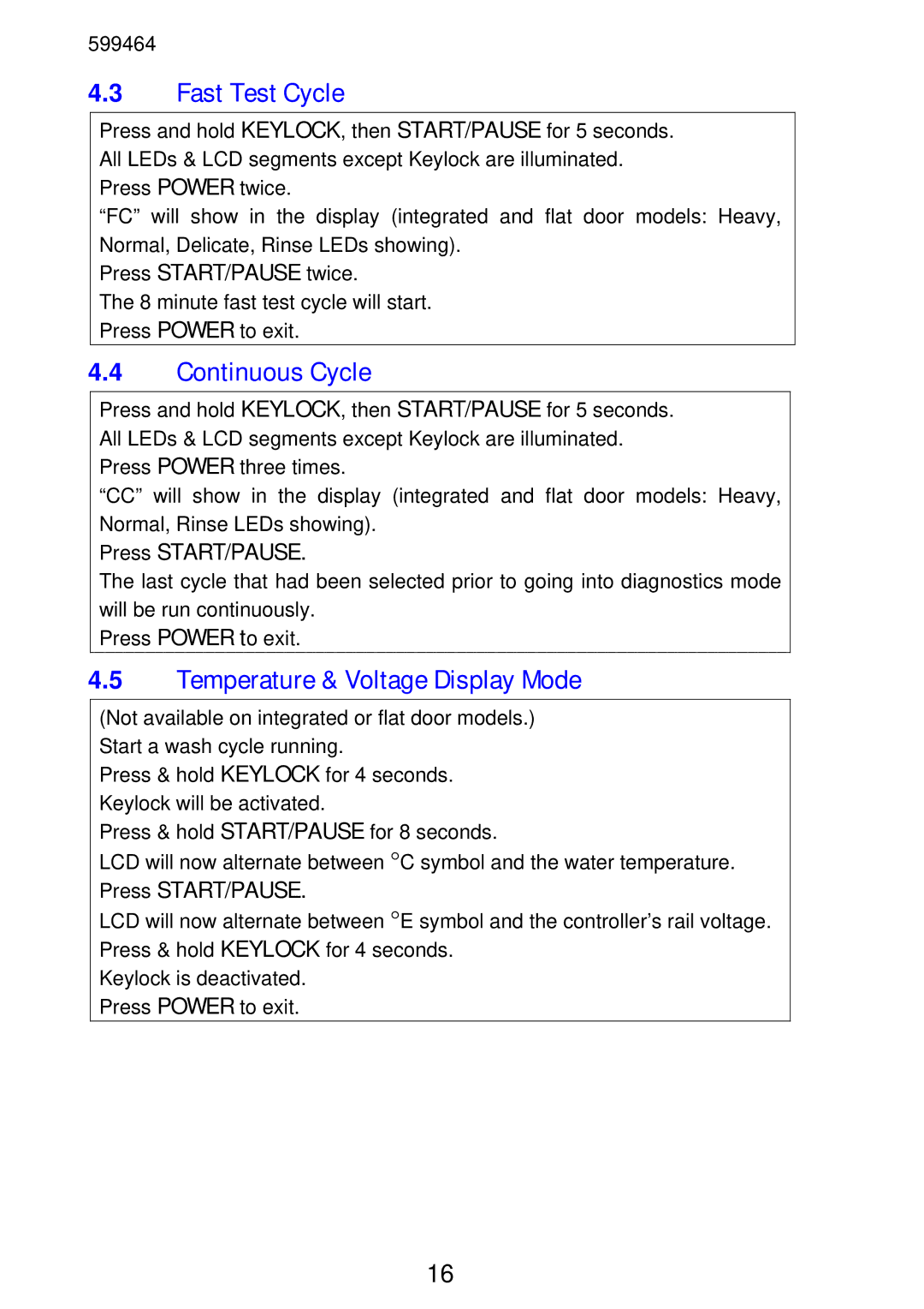 Fisher & Paykel DS605, DD605 manual Fast Test Cycle, Continuous Cycle 