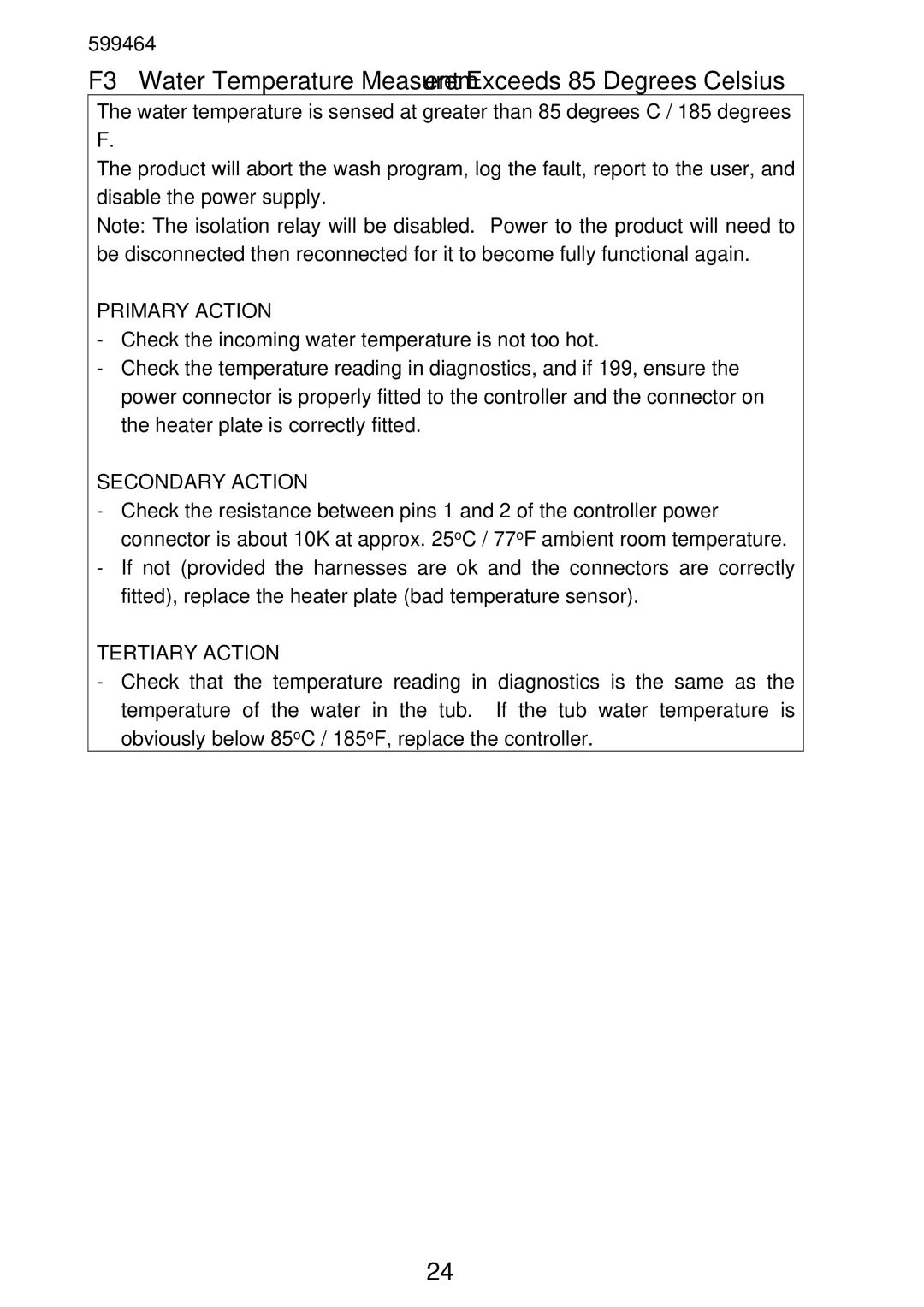 Fisher & Paykel DS605, DD605 manual F3 Water Temperature Measurement Exceeds 85 Degrees Celsius 