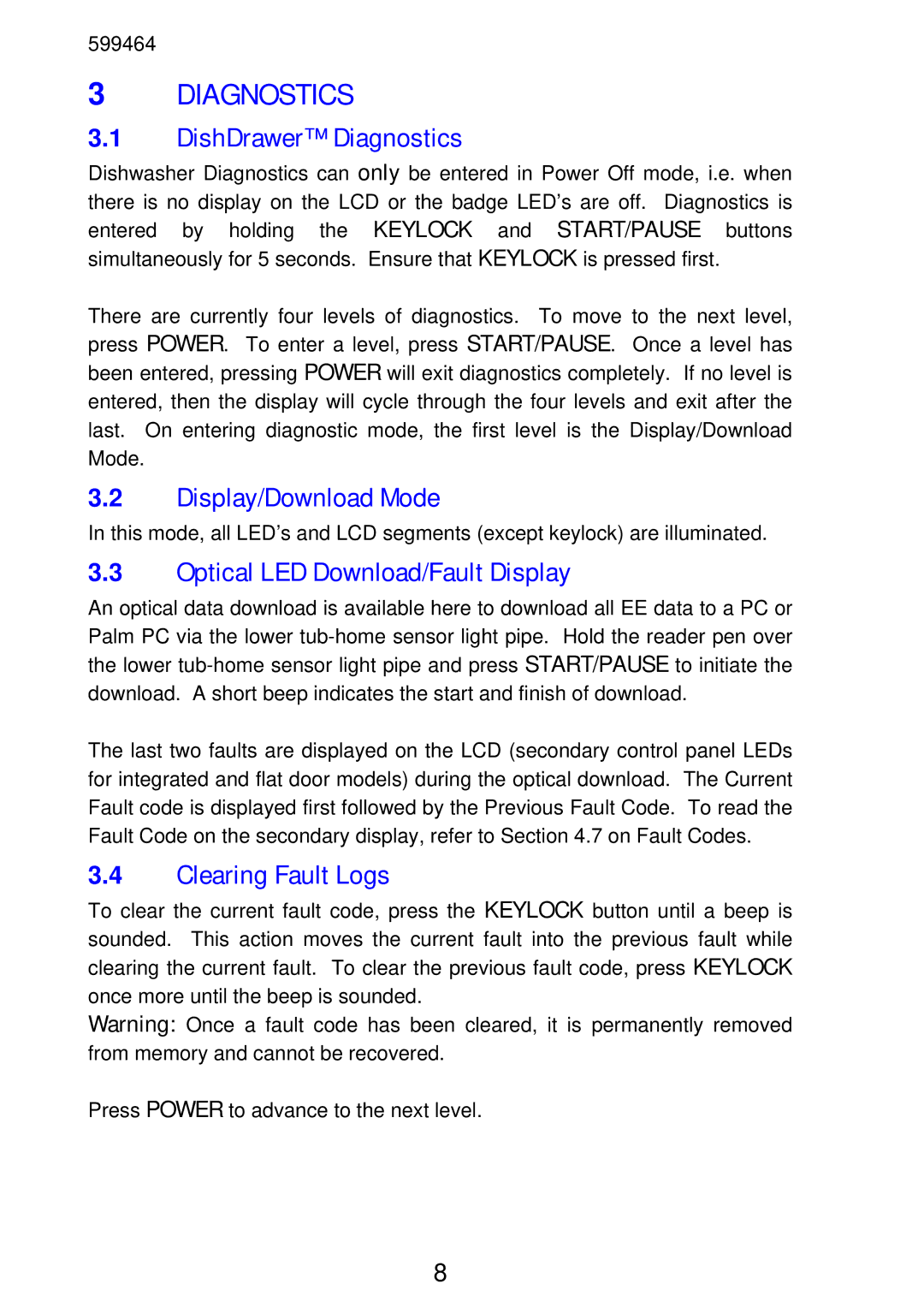 Fisher & Paykel DS605, DD605 manual DishDrawer Diagnostics, Display/Download Mode, Optical LED Download/Fault Display 