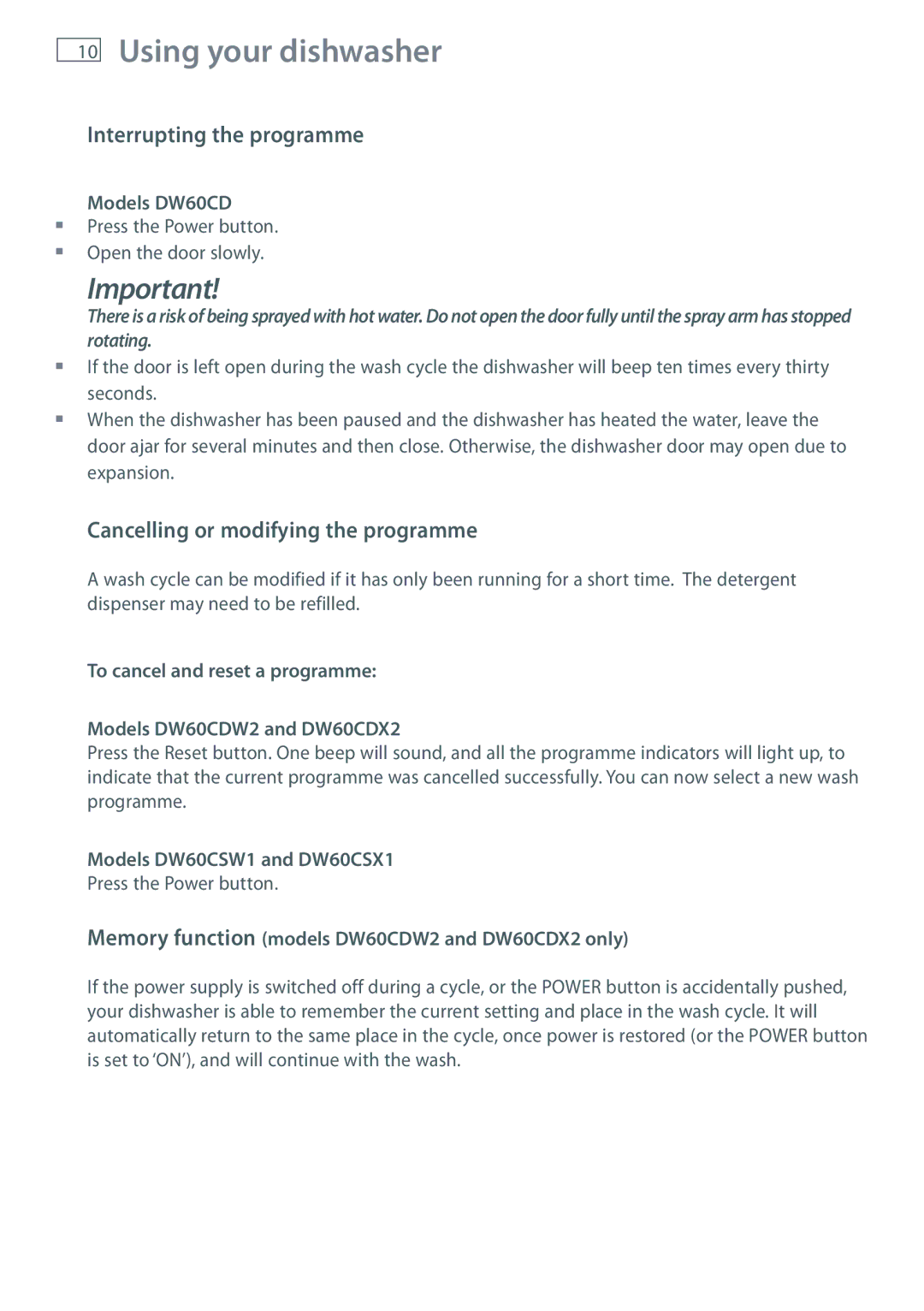 Fisher & Paykel Interrupting the programme, Cancelling or modifying the programme, Models DW60CD 