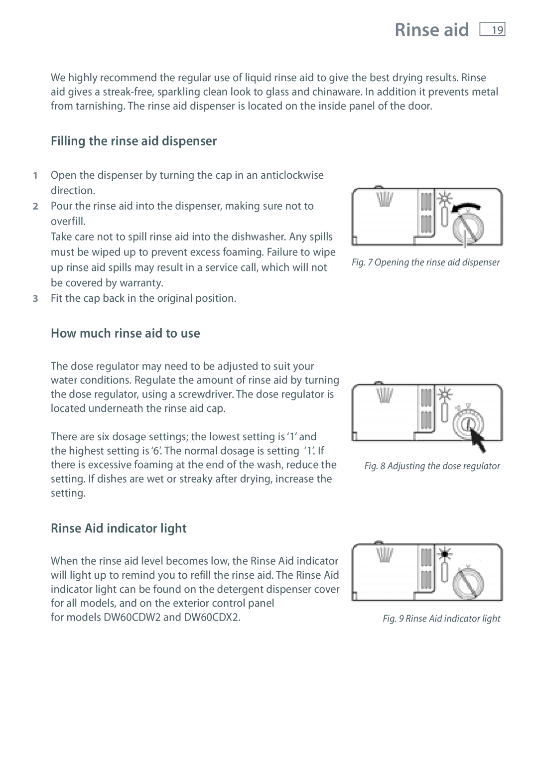 Fisher & Paykel DW60 Rinse aid, Filling the rinse aid dispenser, How much rinse aid to use, Rinse Aid indicator light 