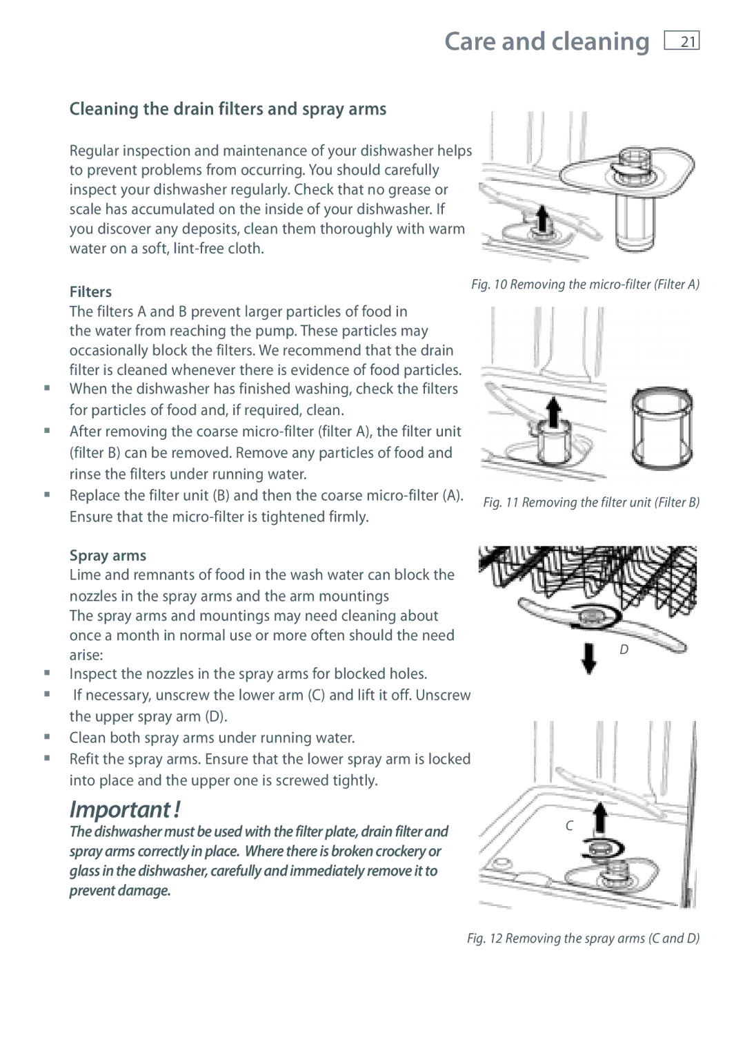 Fisher & Paykel DW60 installation instructions Cleaning the drain filters and spray arms, Filters, Spray arms 