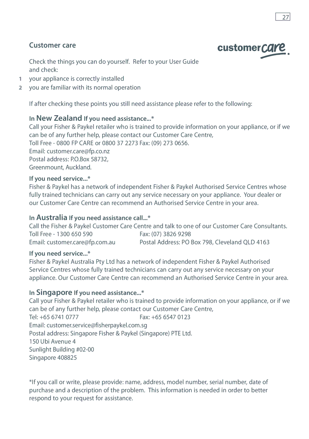 Fisher & Paykel DW60 installation instructions Customer care, New Zealand If you need assistance, If you need service 