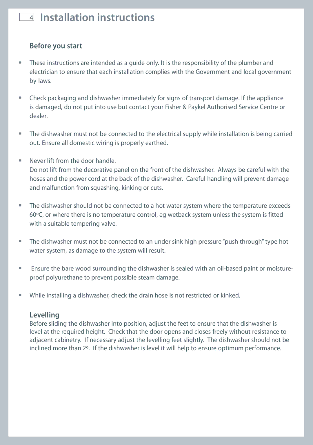 Fisher & Paykel DW60 installation instructions Installation instructions, Before you start, Levelling 