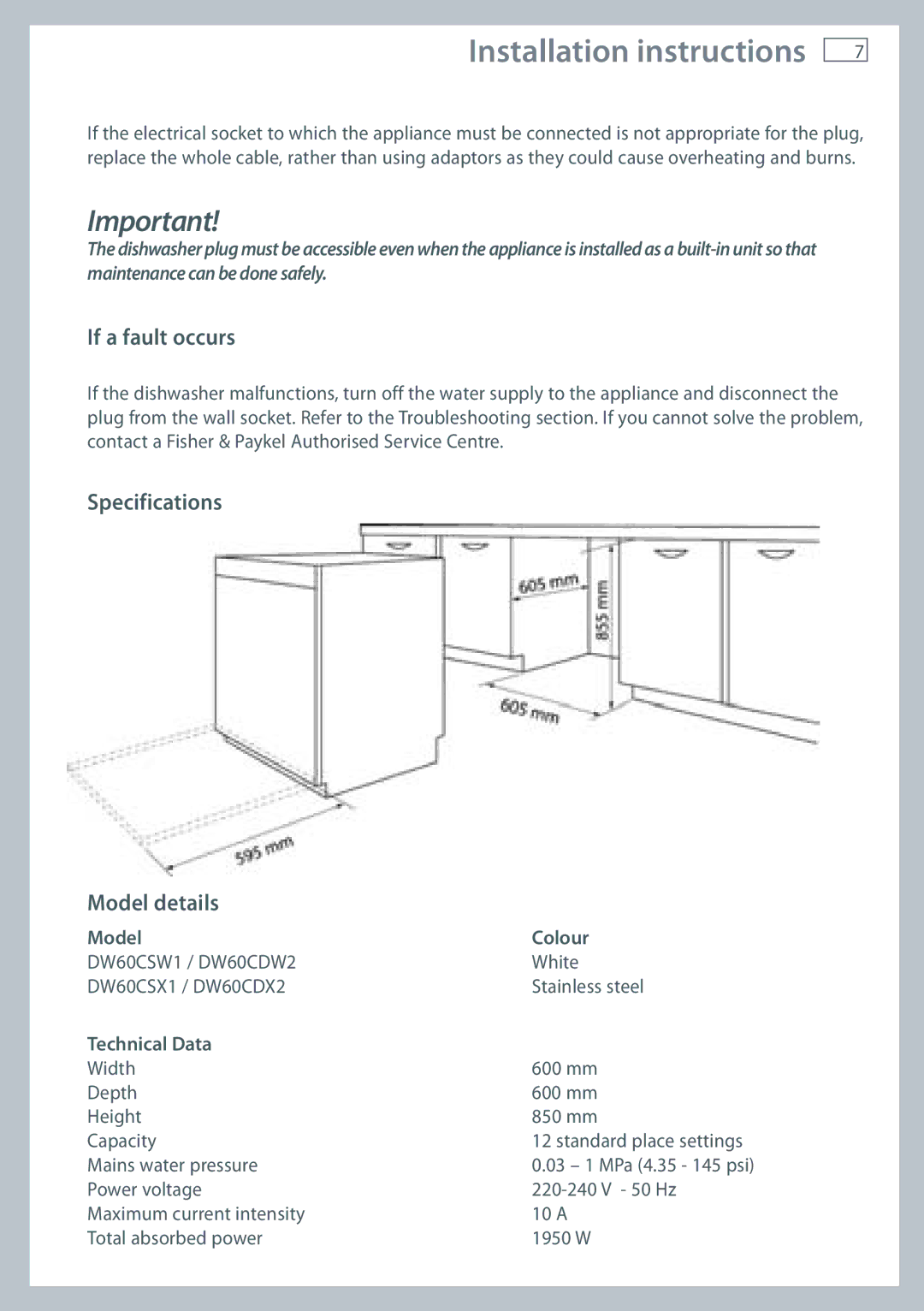 Fisher & Paykel DW60 If a fault occurs, Specifications Model details, Model Colour, Technical Data 