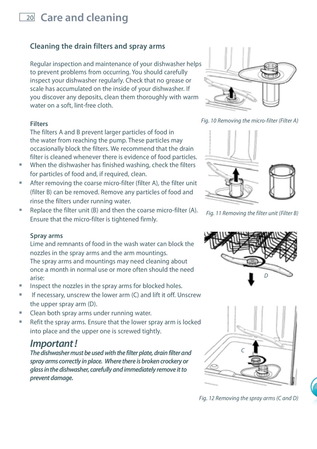 Fisher & Paykel DW60 installation instructions Cleaning the drain filters and spray arms, Filters, Spray arms 