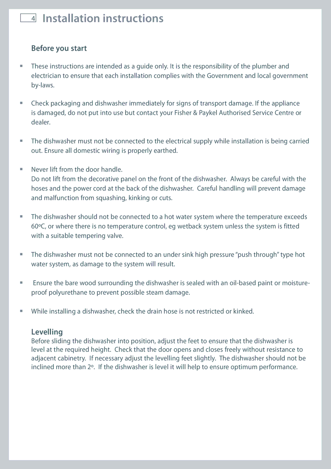 Fisher & Paykel DW60 installation instructions Installation instructions, Before you start, Levelling 