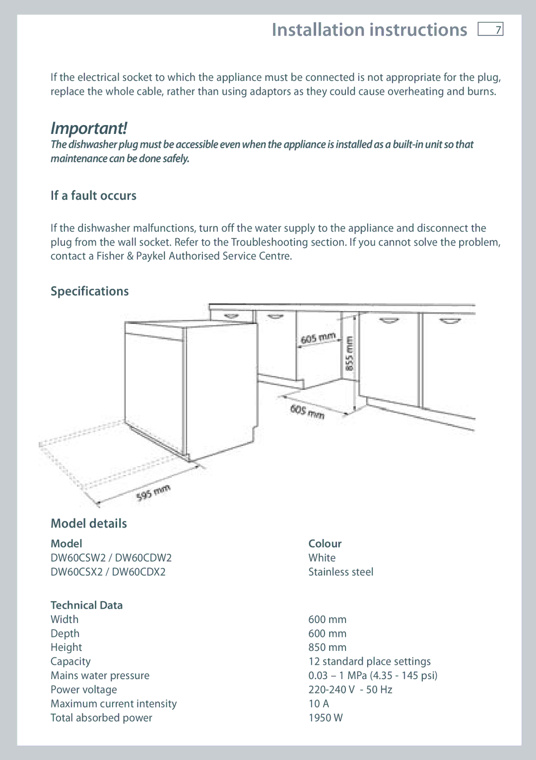 Fisher & Paykel DW60 If a fault occurs, Specifications Model details, Model Colour, Technical Data 