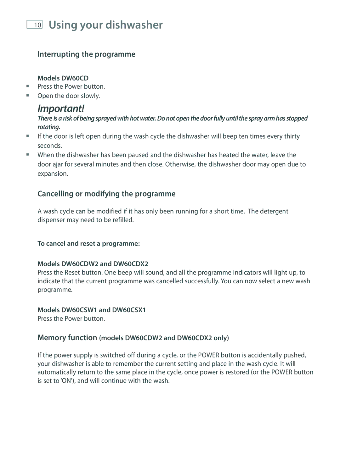 Fisher & Paykel Interrupting the programme, Cancelling or modifying the programme, Models DW60CD 