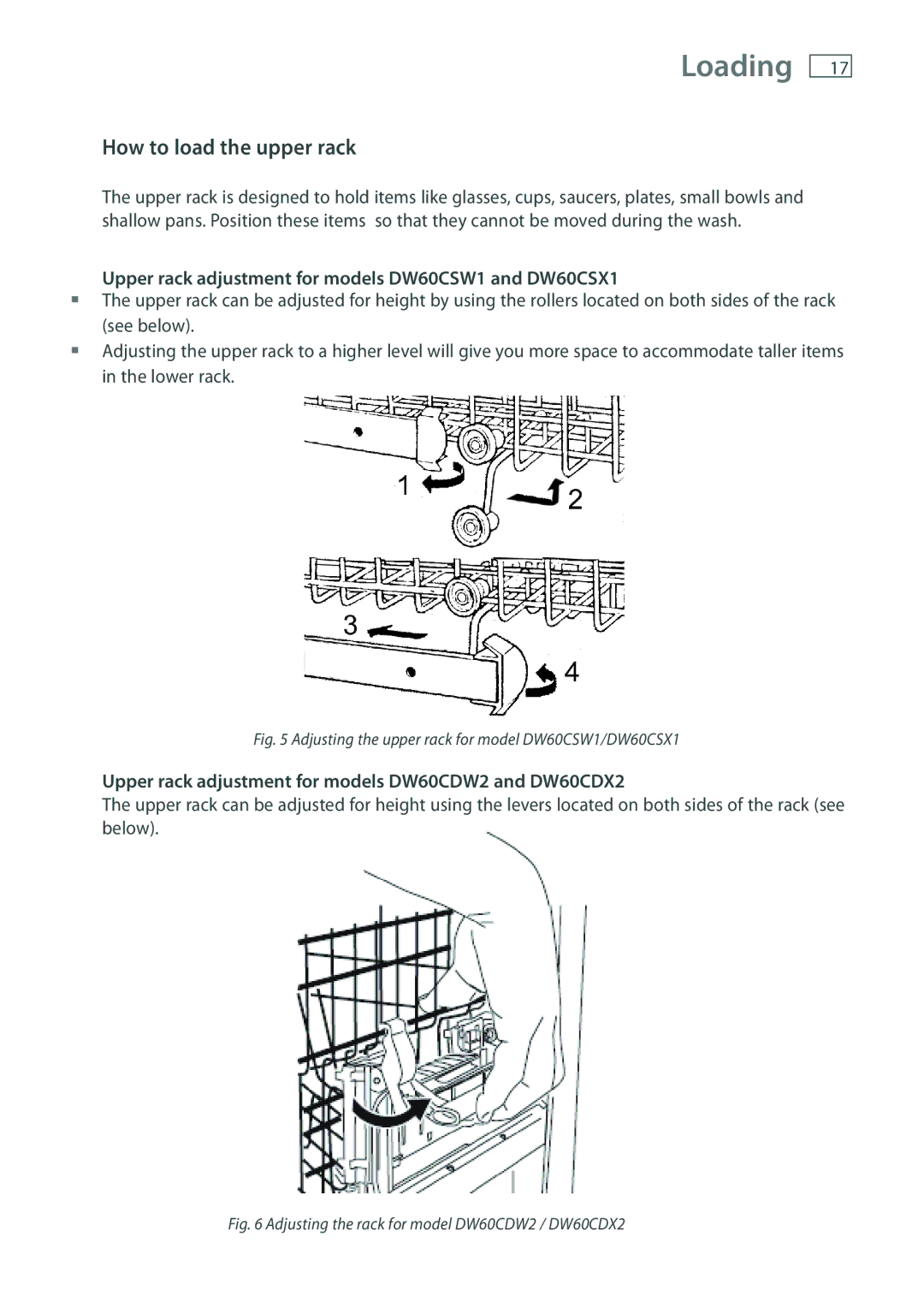 Fisher & Paykel How to load the upper rack, Upper rack adjustment for models DW60CSW1 and DW60CSX1 