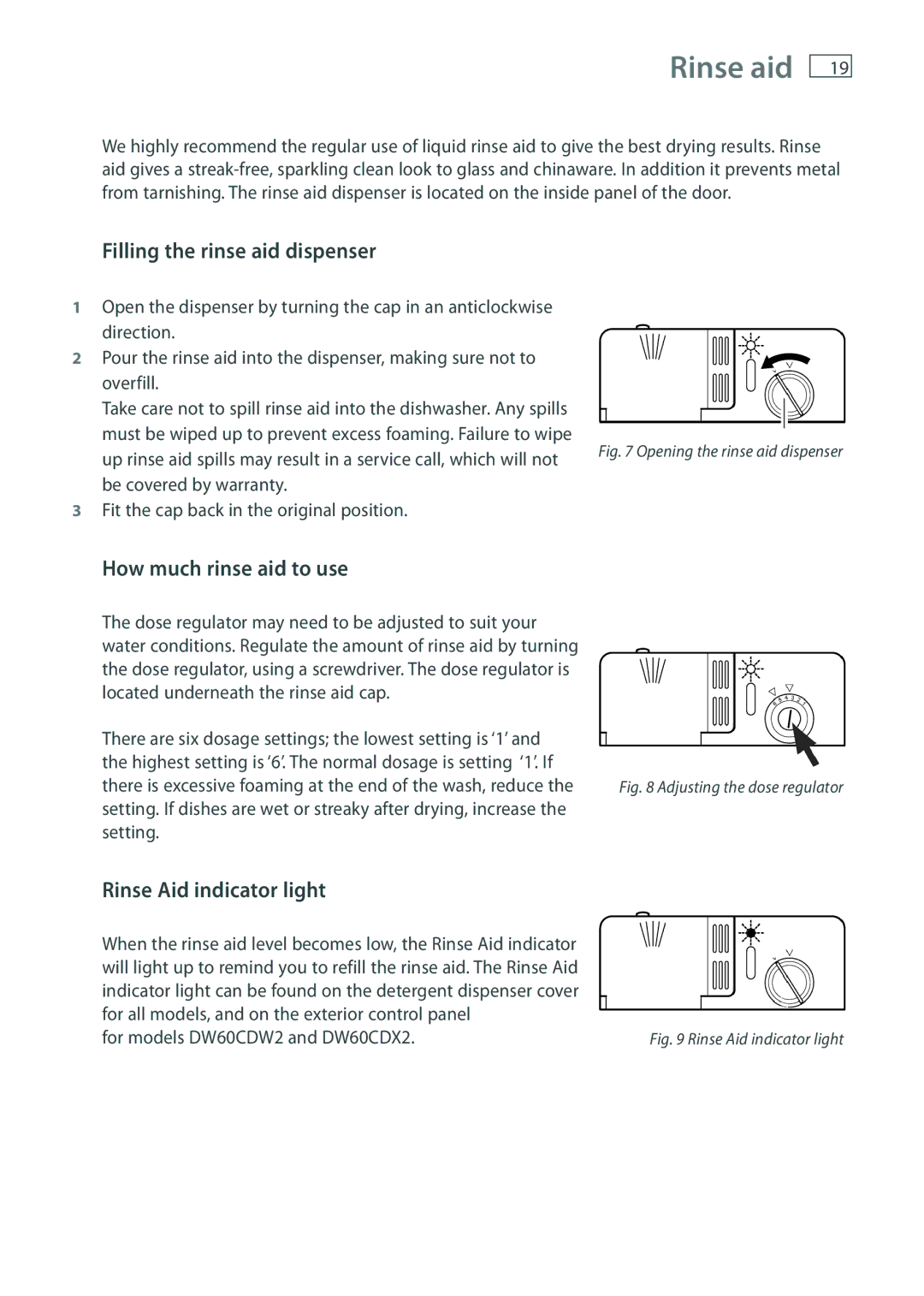 Fisher & Paykel DW60 Rinse aid, Filling the rinse aid dispenser, How much rinse aid to use, Rinse Aid indicator light 