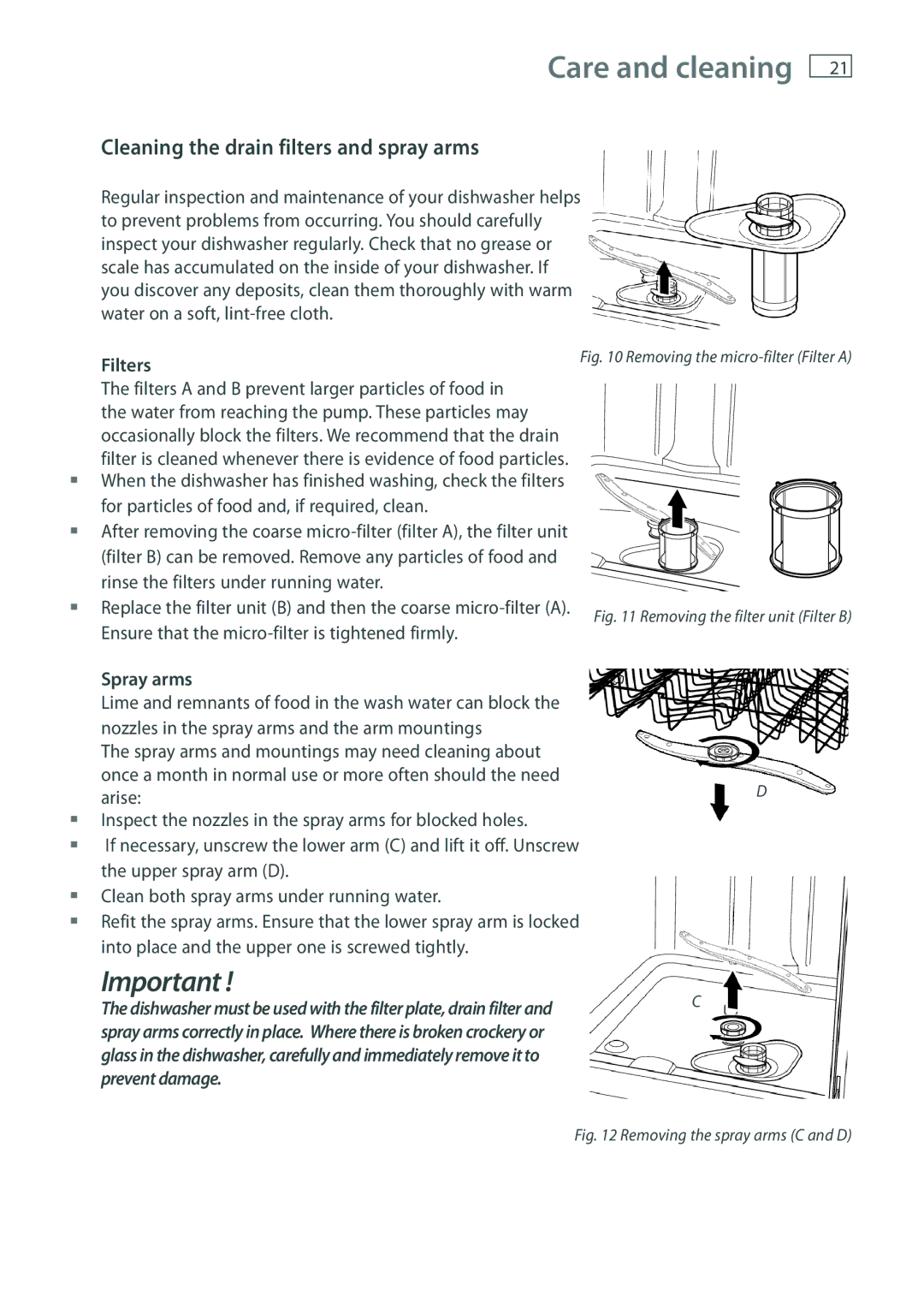 Fisher & Paykel DW60 installation instructions Cleaning the drain filters and spray arms, Spray arms 